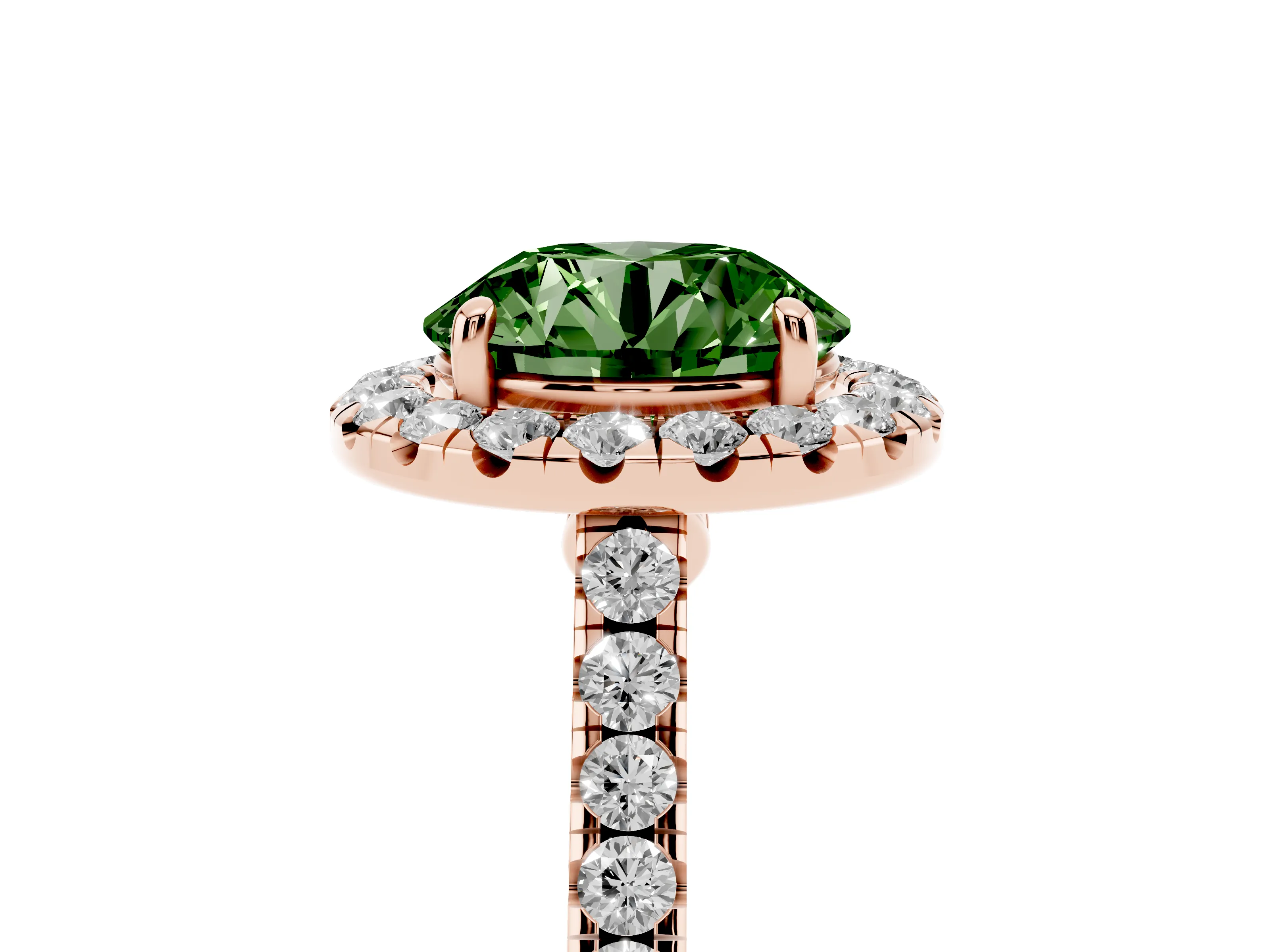 Fancy Green Round Cut Diamond Halo Pavé Engagement Ring Set in Rose gold with Prong Setting