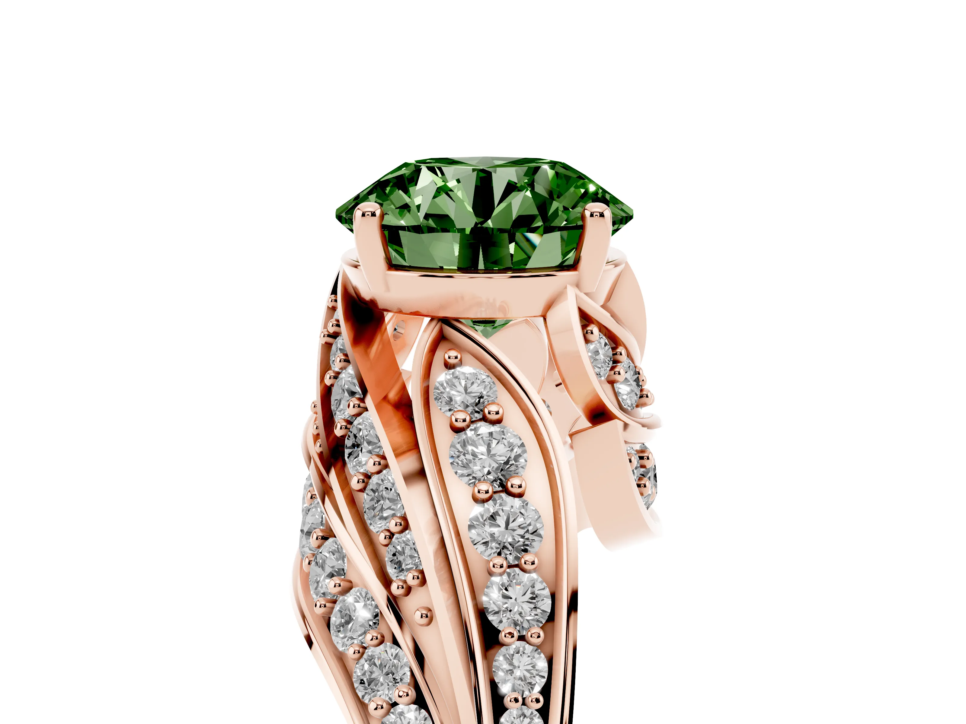 Fancy Green Round Cut Diamond Solitaire Ring Set in Rose gold with Layered Twist Pavé Band