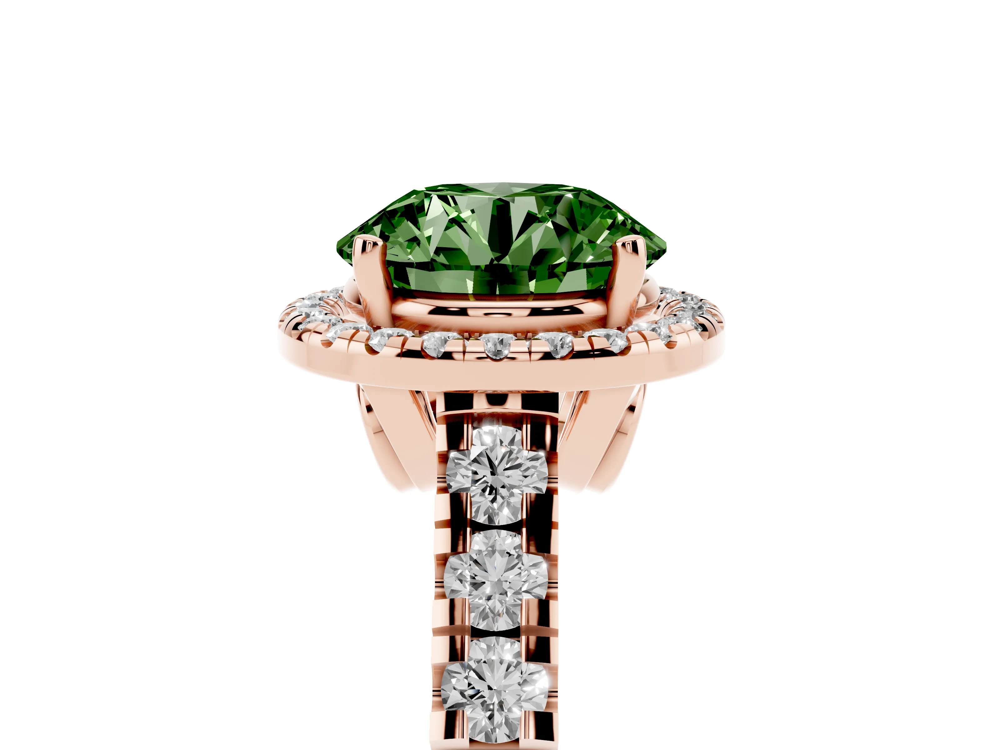 Fancy Green Round Cut Diamond Halo Engagement Ring Set in Rose gold with Pavé Band and Prong-Set Center