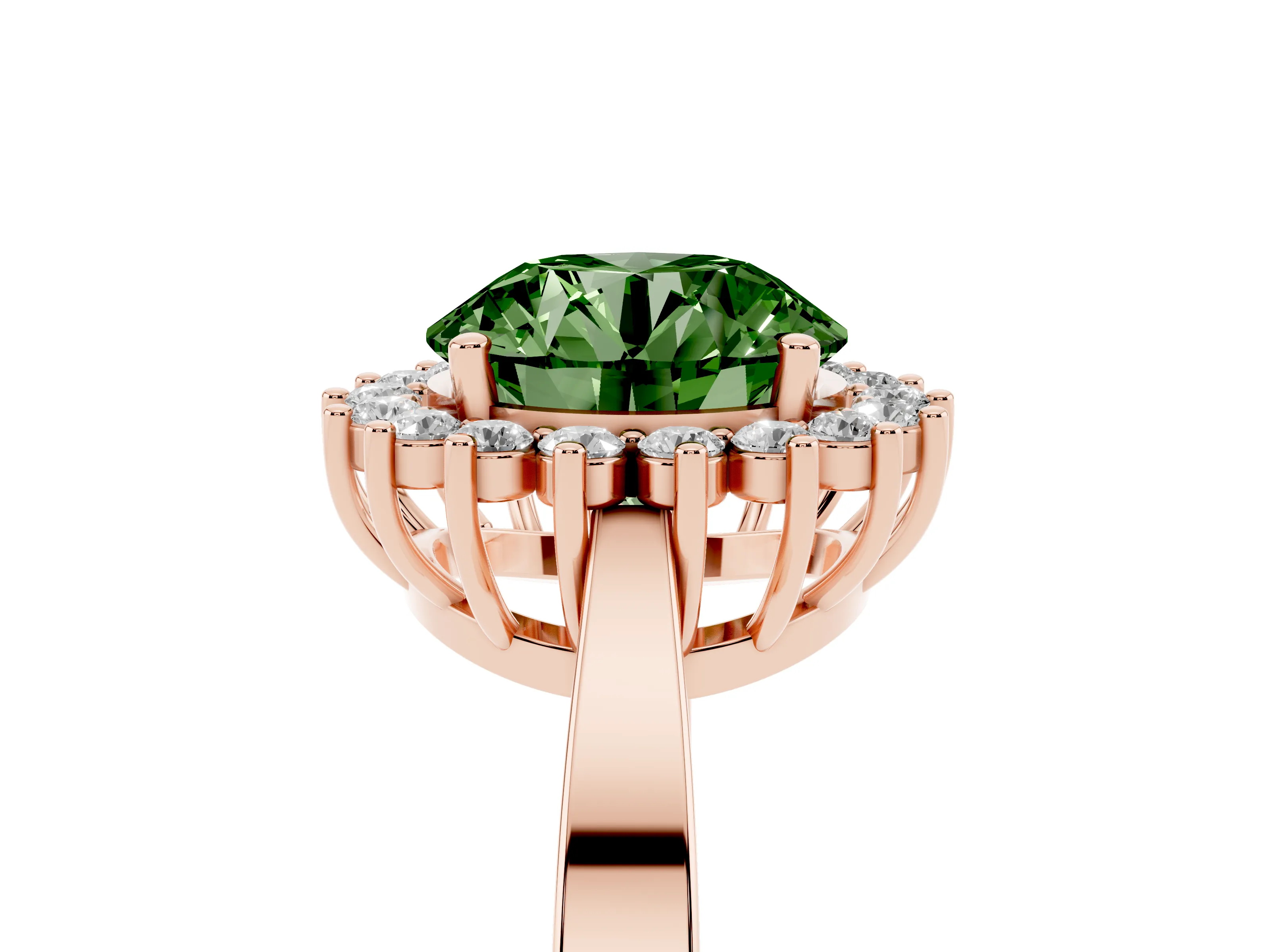 Fancy Green Round Cut Diamond Halo Ring Set in Rose gold with Round Halo and Smooth Solitaire Band