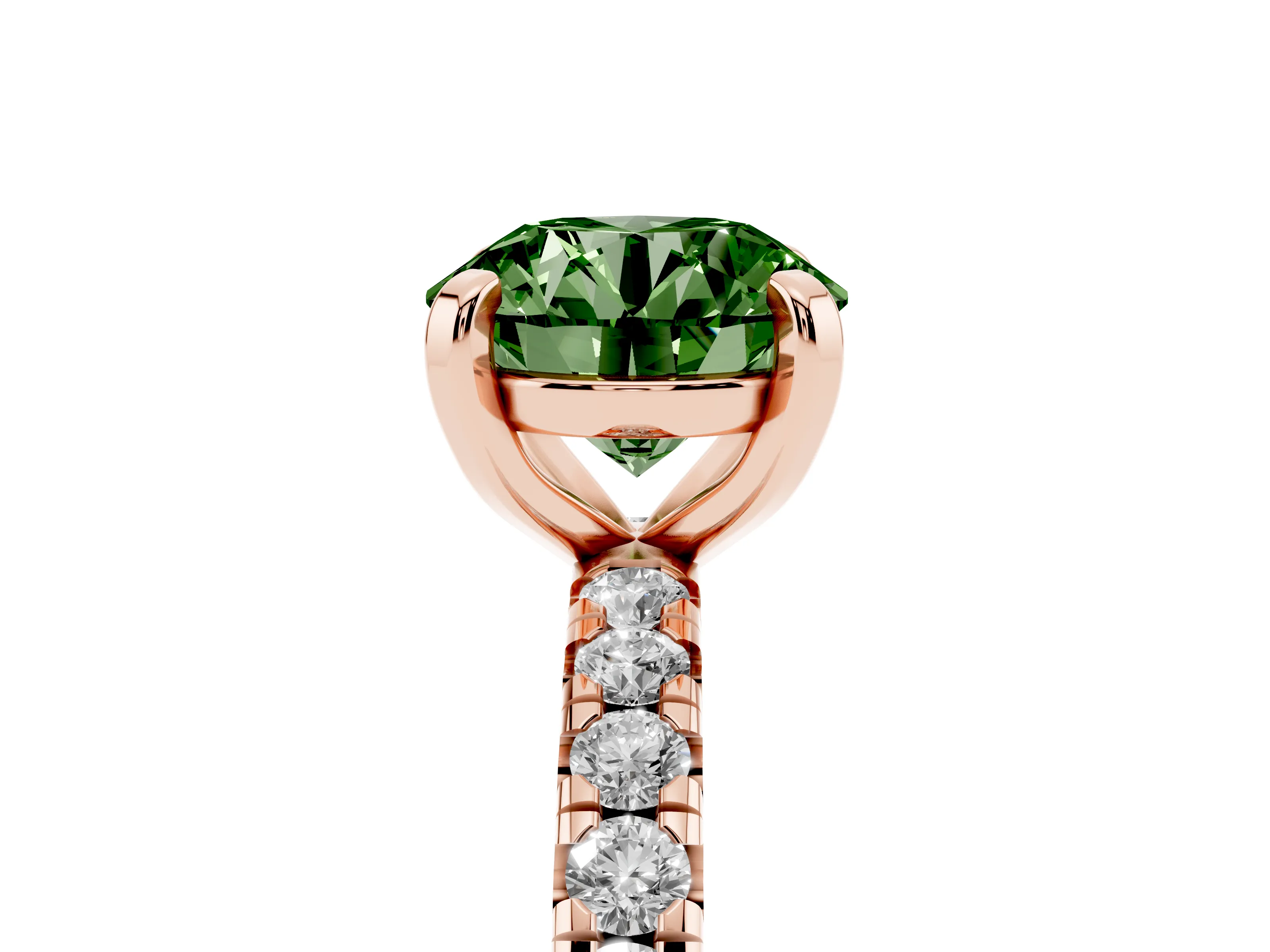 Fancy Green Round Cut Diamond Pavé Solitaire Ring Set in Rose gold with Round Band and Prong Setting