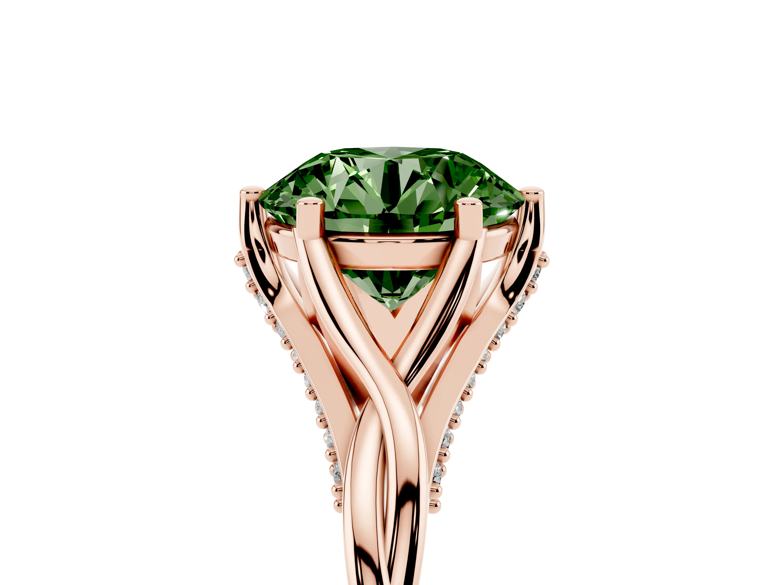 Fancy Green Round Cut Diamond Intertwined Twist Band Solitaire Ring Set in Rose gold with Prong Setting