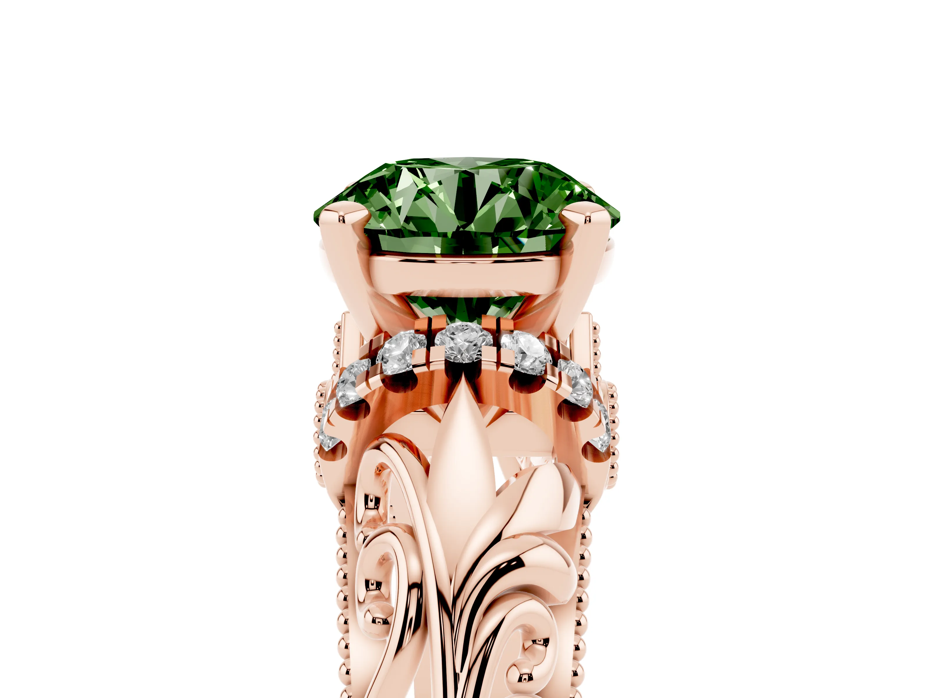 Fancy Green Round Cut Diamond Filigree Halo Engagement Ring Set in Rose gold with Prong Setting