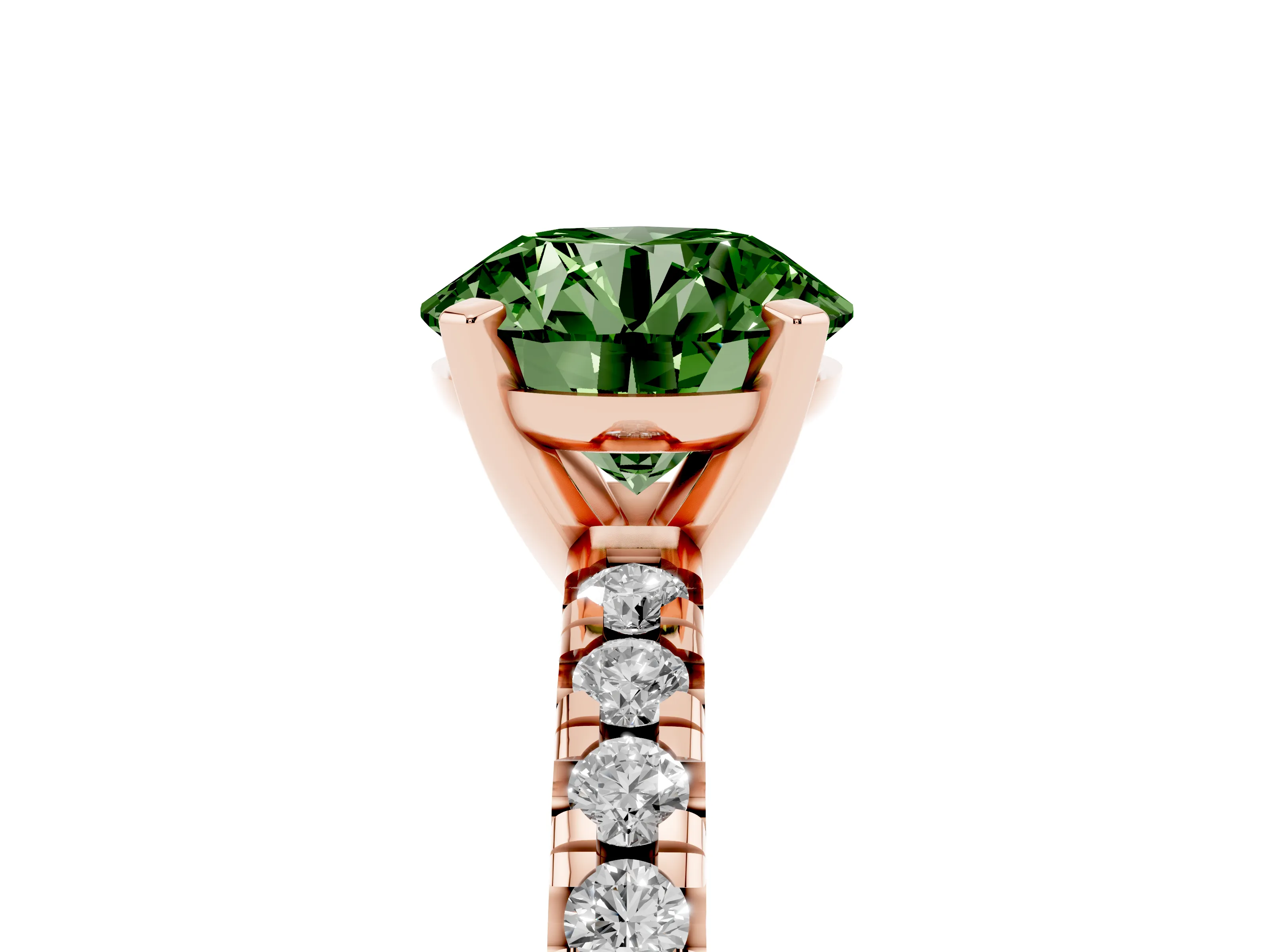 Fancy Green Round Cut Diamond Solitaire Pavé Engagement Ring Set in Rose gold with Round Band and Prong Setting
