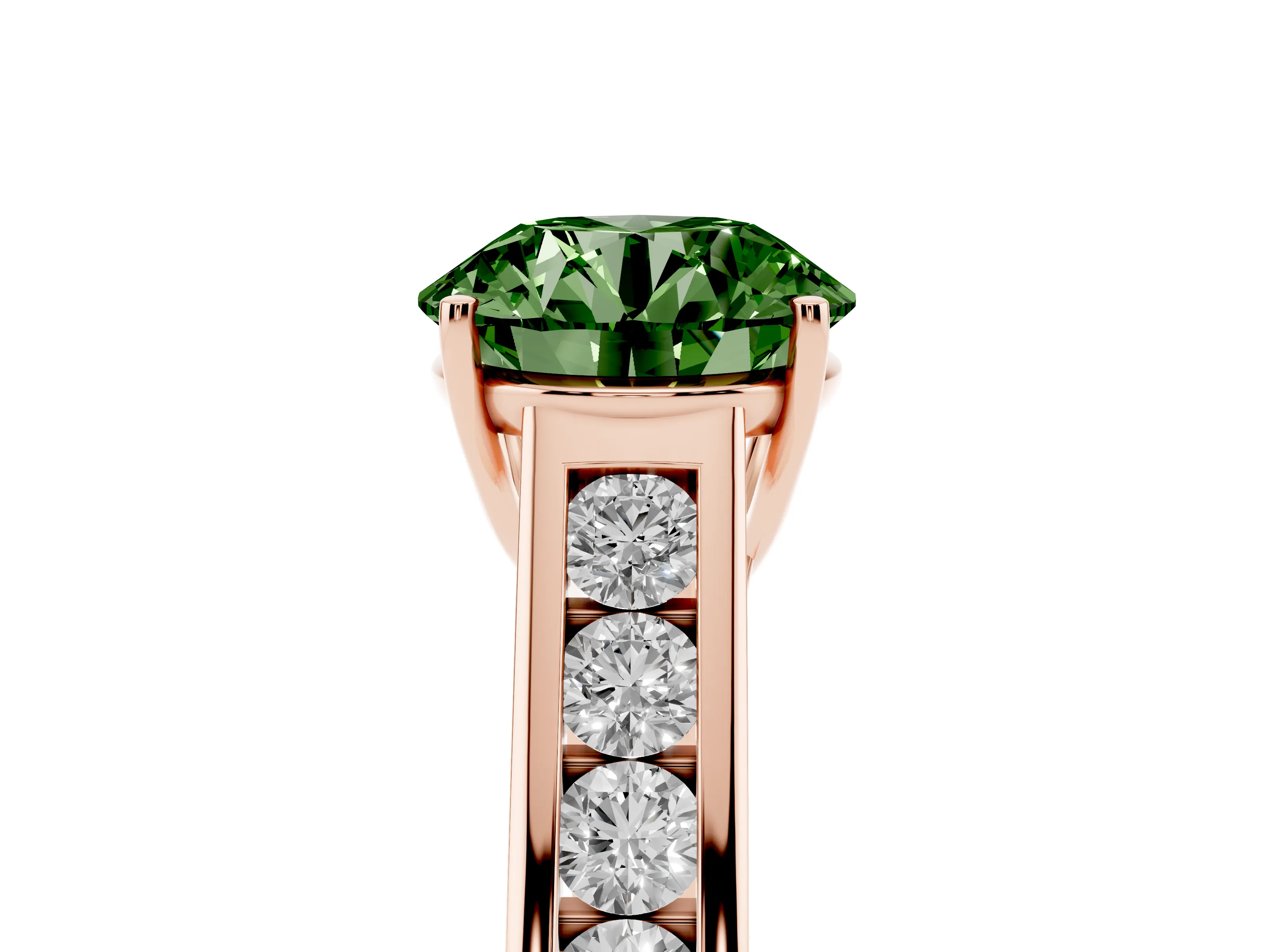Fancy Green Round Cut Diamond Solitaire Channel-Set Engagement Ring Set in Rose gold with Prong Setting