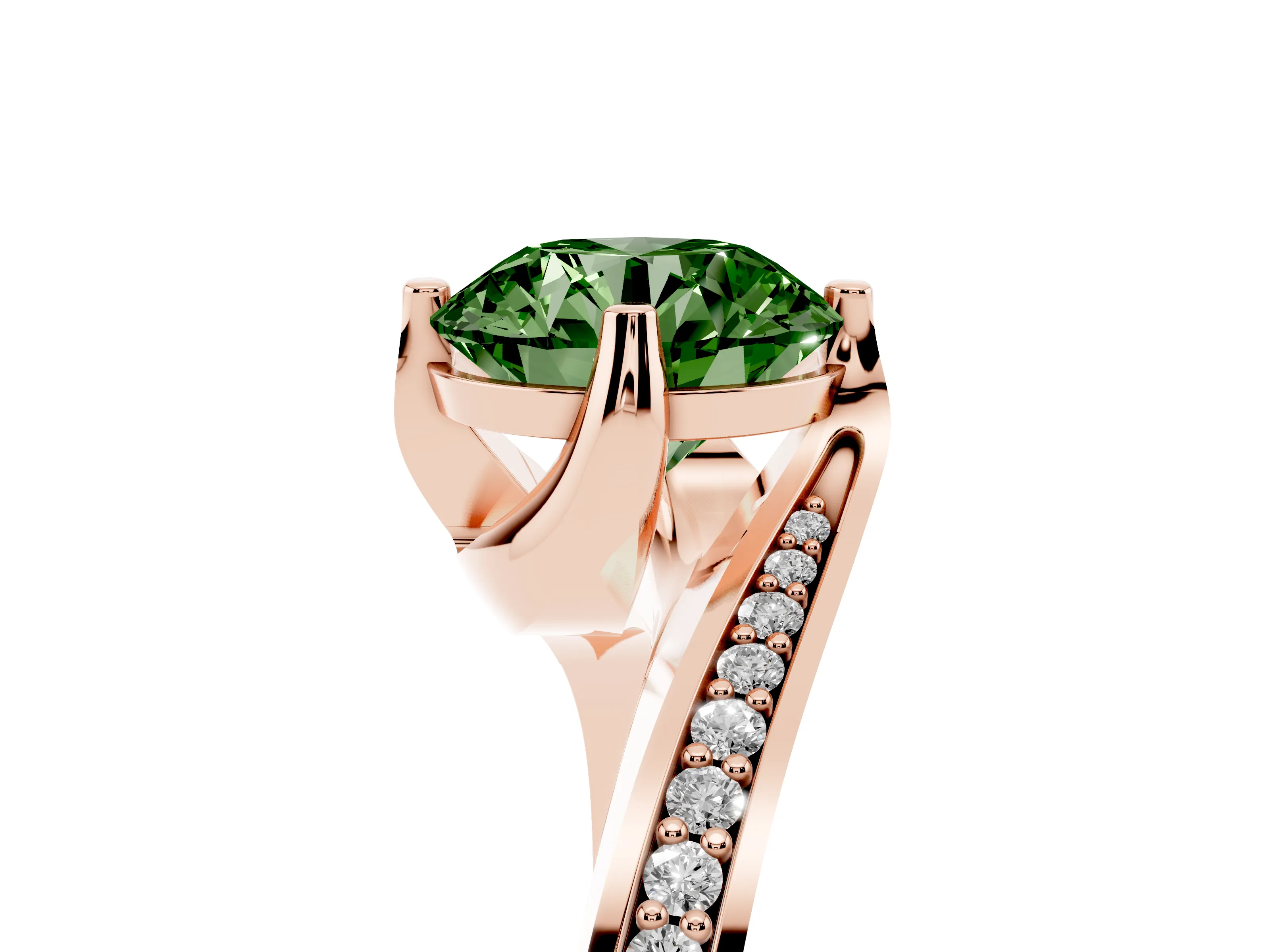Fancy Green Round Cut Diamond Solitaire Ring Set in Rose gold with Intertwined Pavé Twist Band