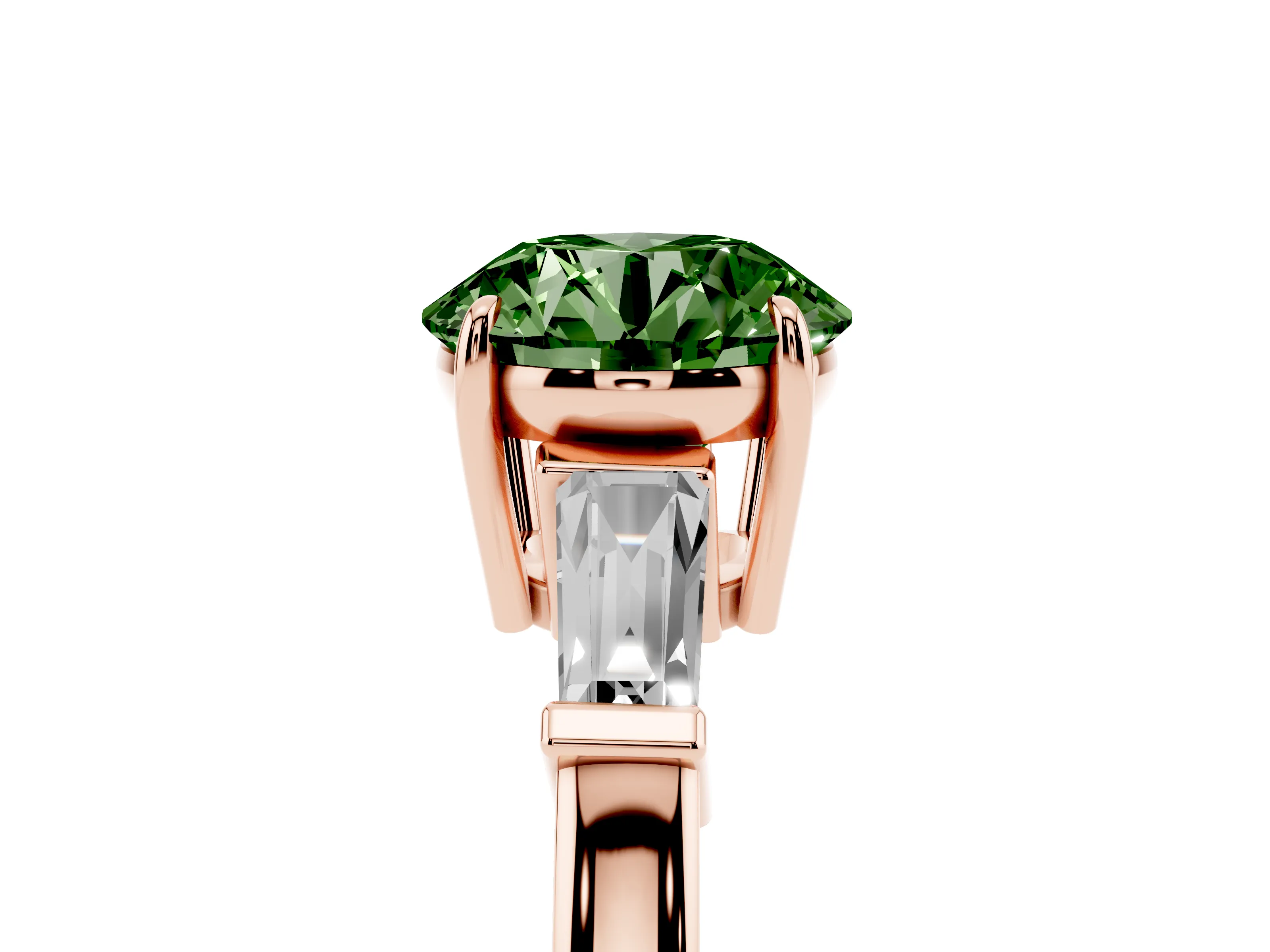 Fancy Green Round Cut Diamond Three-Stone Ring Set in Rose gold with Tapered Baguette Side Stones and Prong Setting