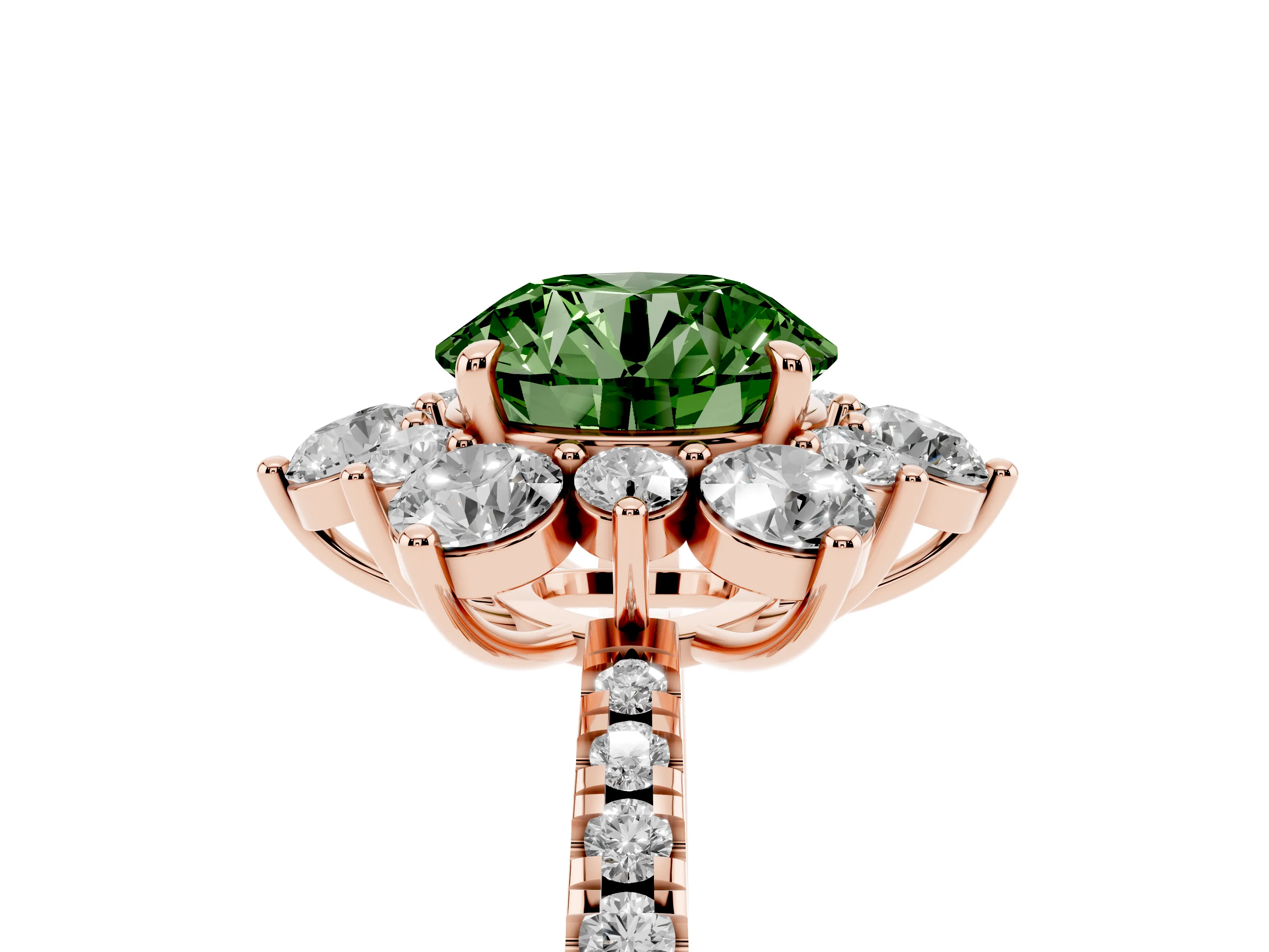 Fancy Green Round Cut Diamond Floral Halo Ring Set in Rose gold with Round Pavé Band and Prong Setting