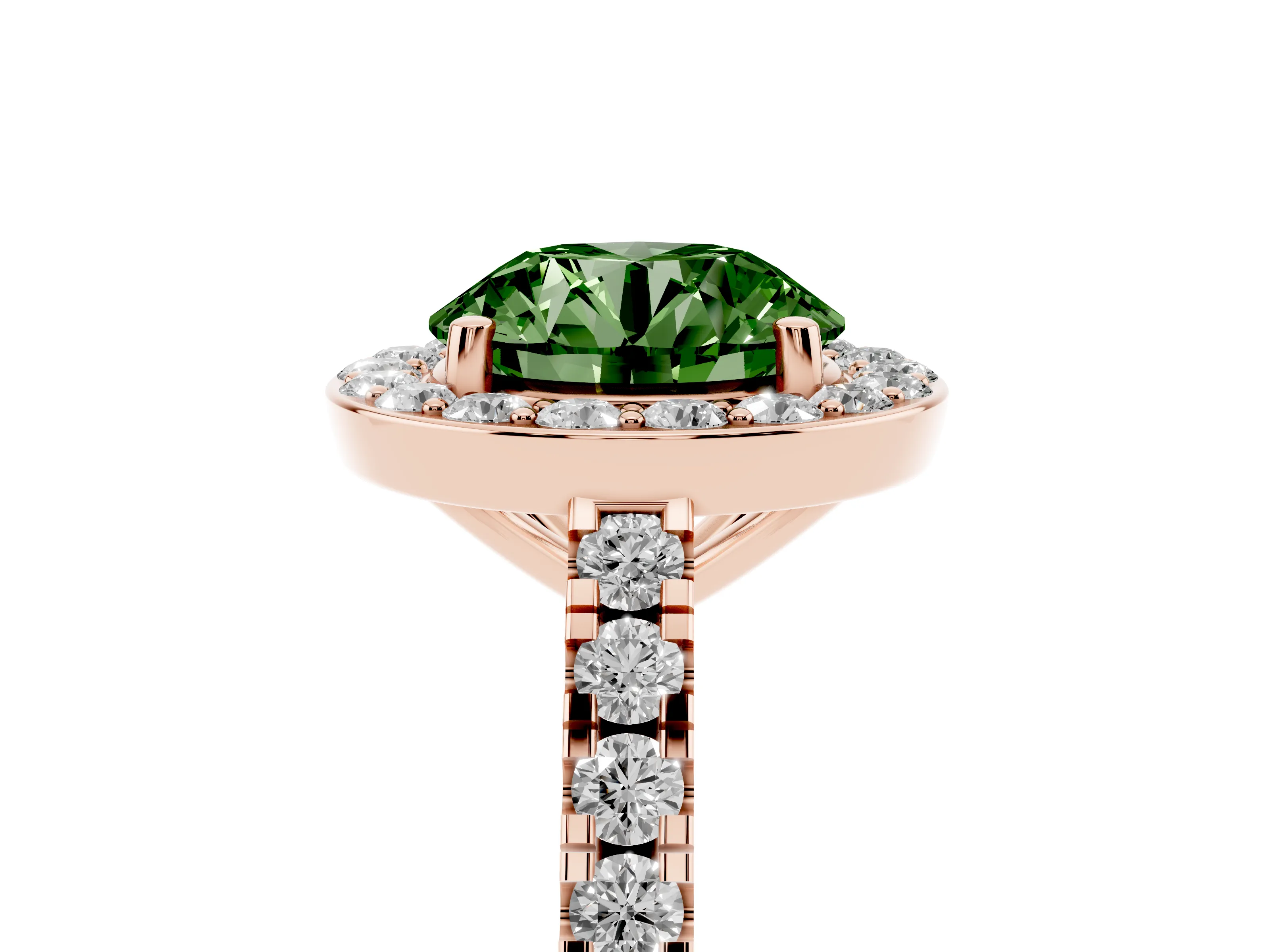 Fancy Green Round Cut Diamond Halo Ring Set in Rose gold with Round Pavé Split Shank and Prong Setting