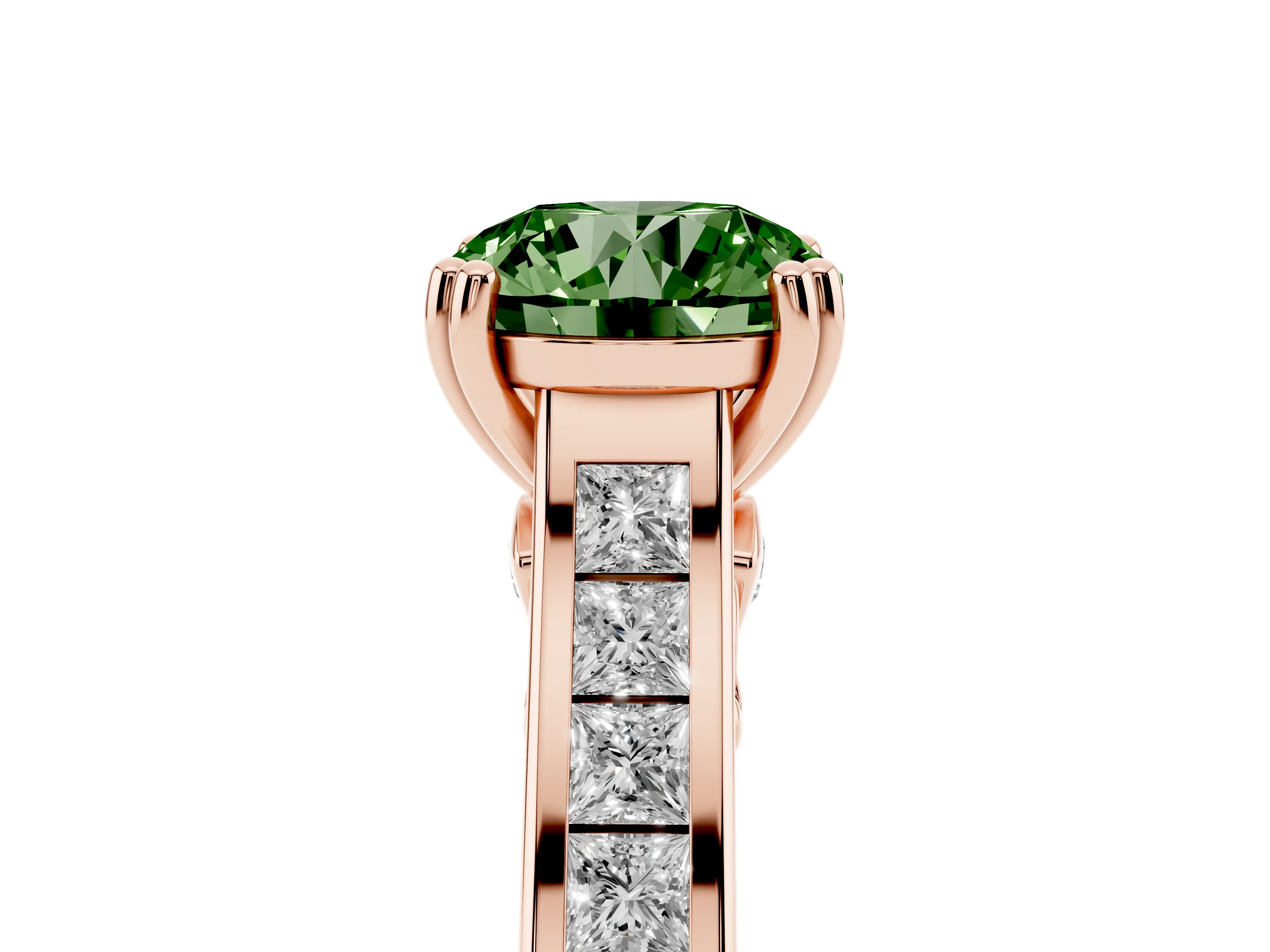Fancy Green Round Cut Diamond Channel Set Solitaire Engagement Ring Set in Rose gold with Prong Setting