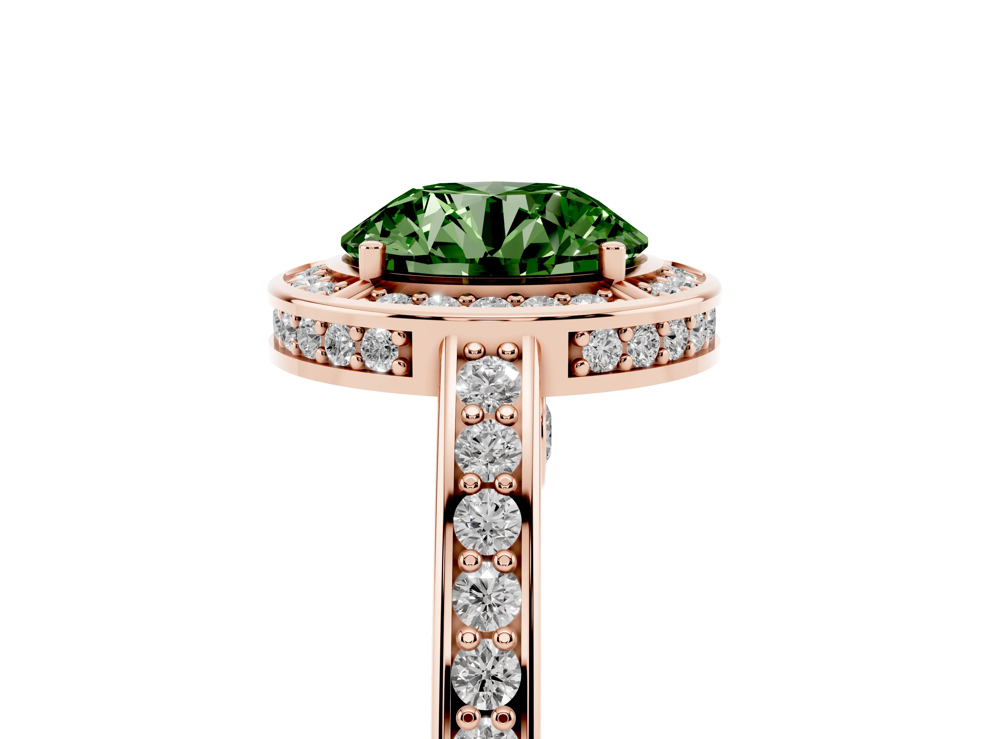Fancy Green Round Cut Diamond Halo Pavé Split Shank Ring Set in Rose gold with Prong Setting
