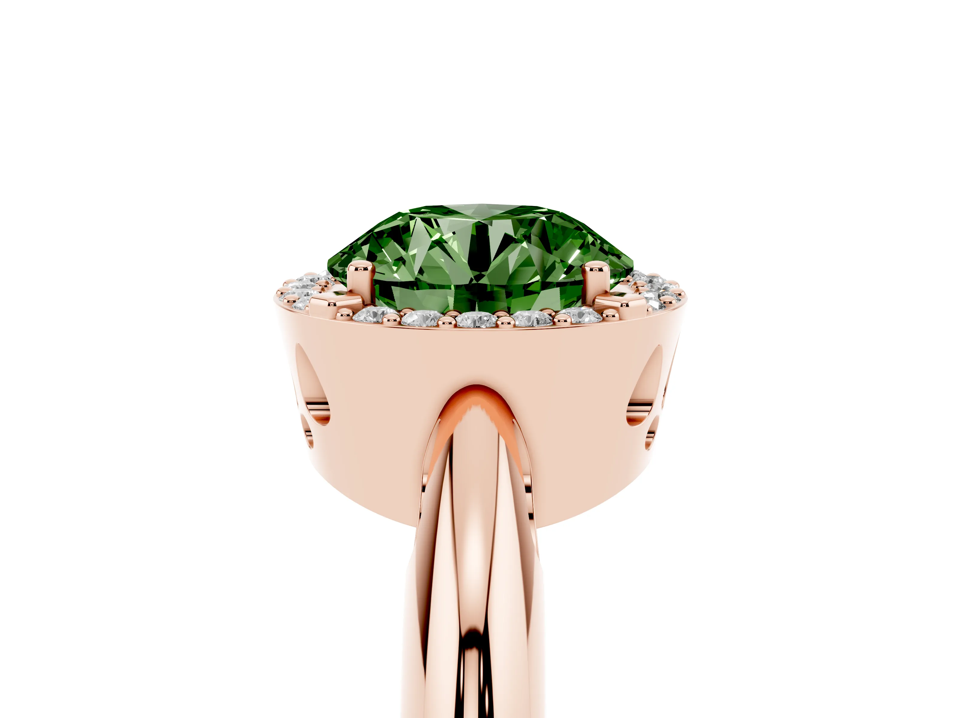 Fancy Green Round Cut Diamond Halo Engagement Ring Set in Rose gold with Plain Split Shank and Prong Setting
