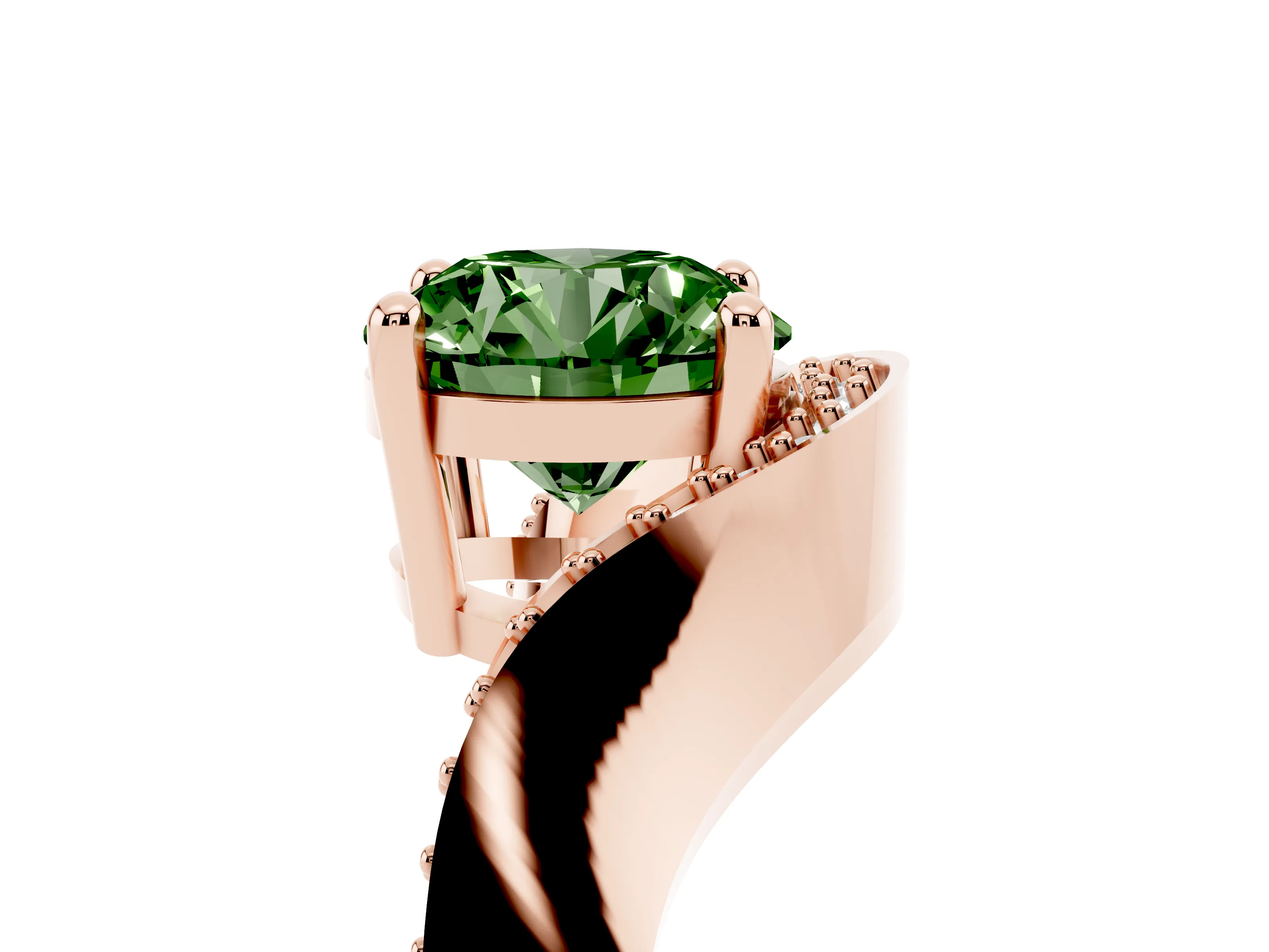 Fancy Green Round Cut Diamond Solitaire Engagement Ring Set in Rose gold with Pavé Shoulders