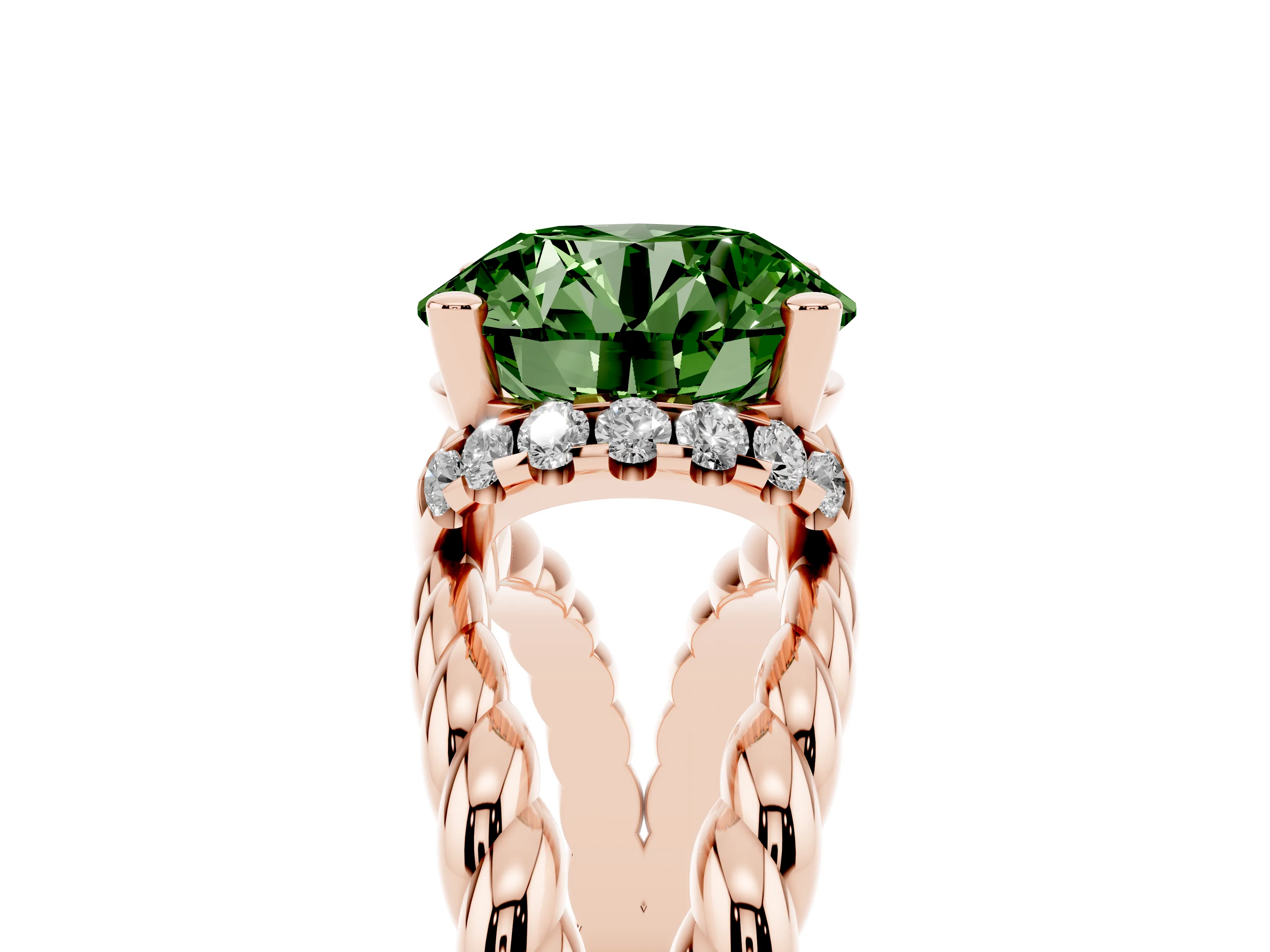 Fancy Green Round Cut Diamond Halo Ring Set in Rose gold with Twisted Band and Prong Setting