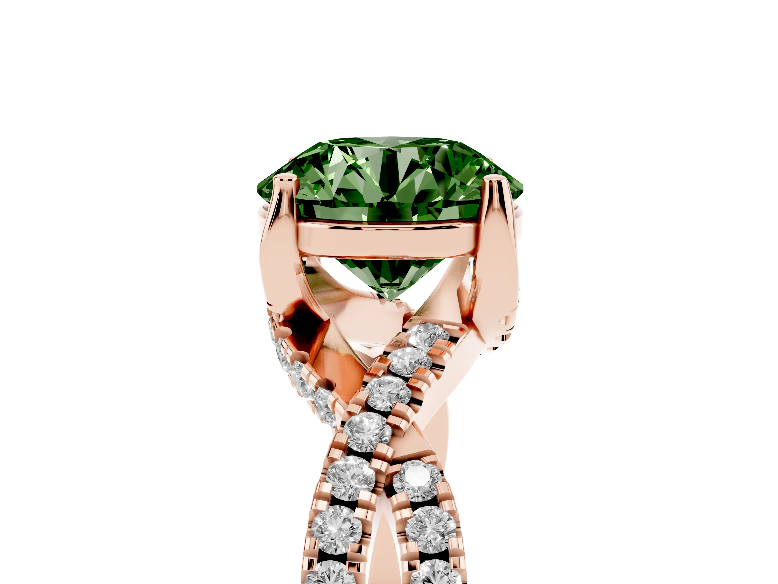 Fancy Green Round Cut Diamond Twist Pavé Solitaire Engagement Ring Set in Rose gold with Prong Setting