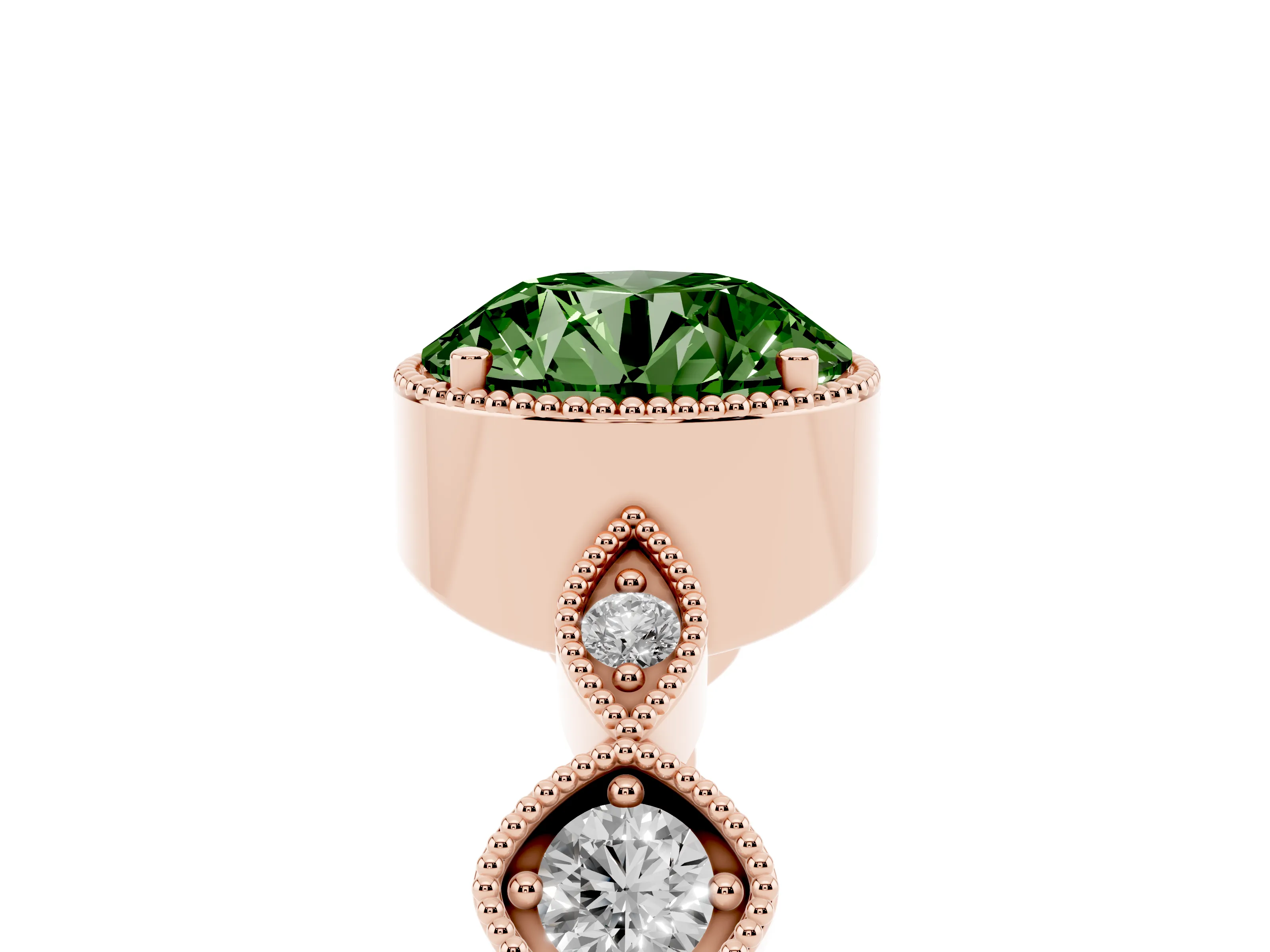 Fancy Green Round Cut Diamond Vintage-Inspired Milgrain Ring Set in Rose gold with Marquise Stations of Round Accents