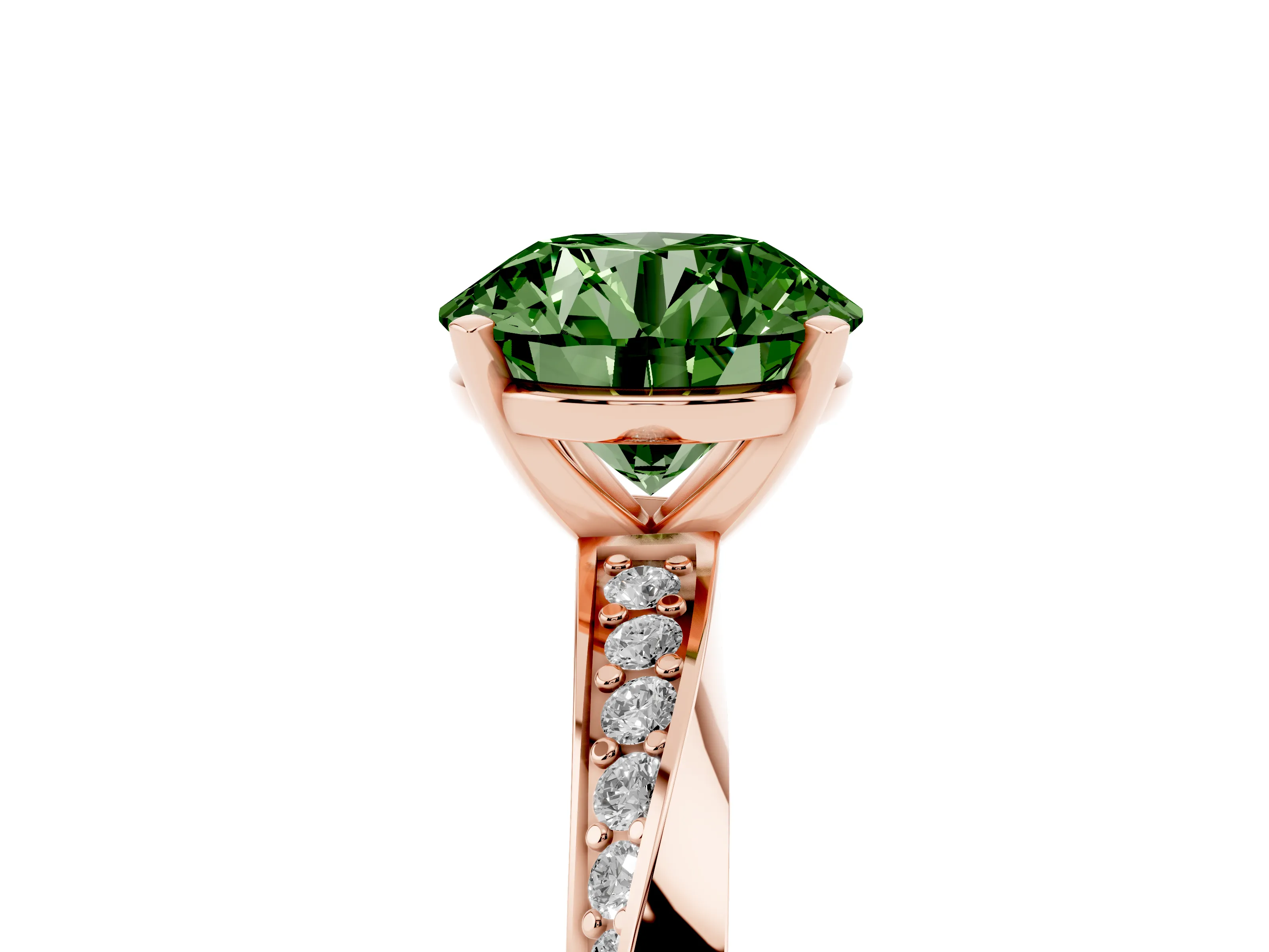 Fancy Green Round Cut Diamond Engagement Ring Set in Rose gold with Side Stone Accents and Prong Setting