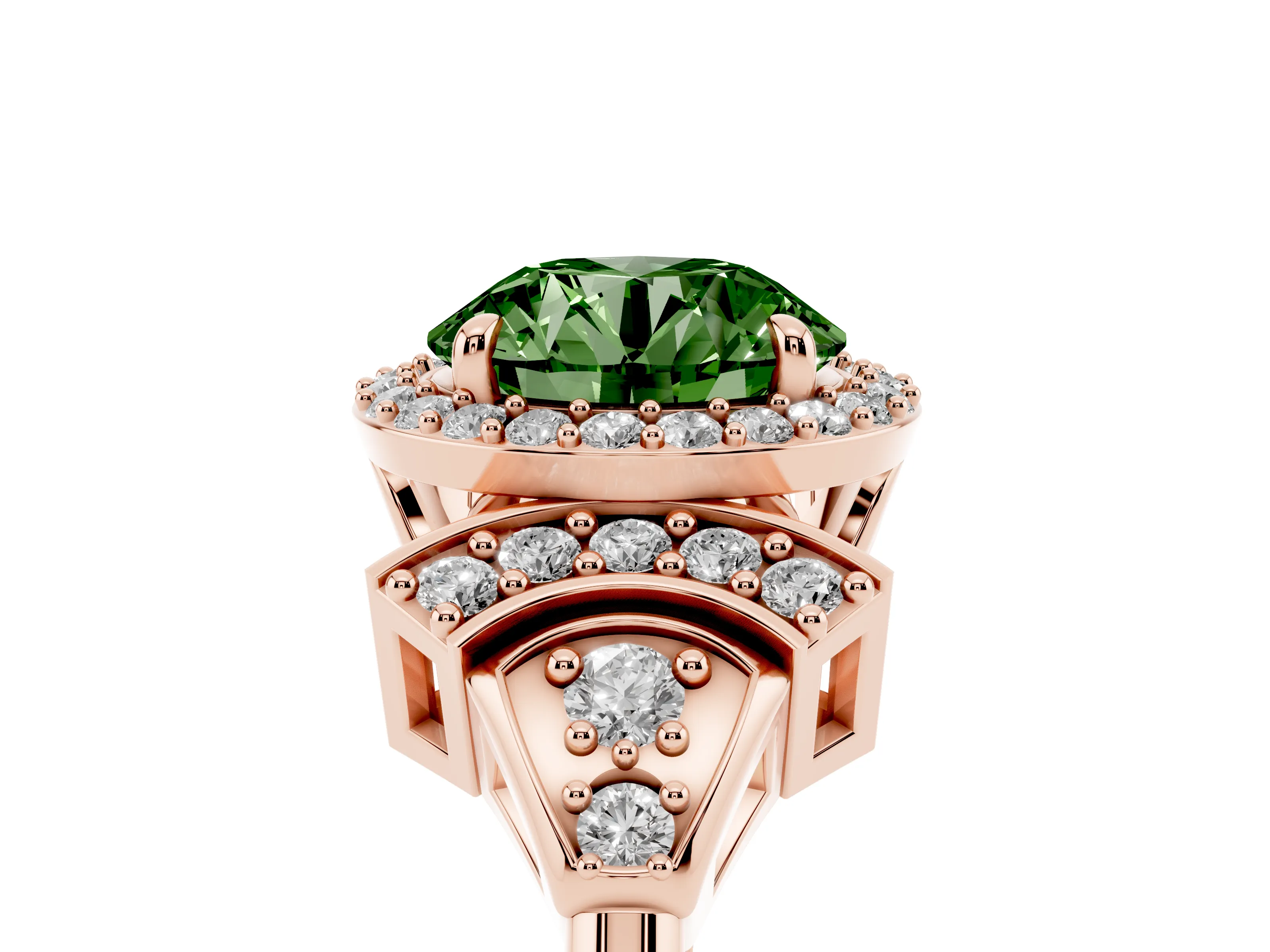Fancy Green Round Cut Diamond Halo Engagement Ring Set in Rose gold with Accent Stone Split Shank