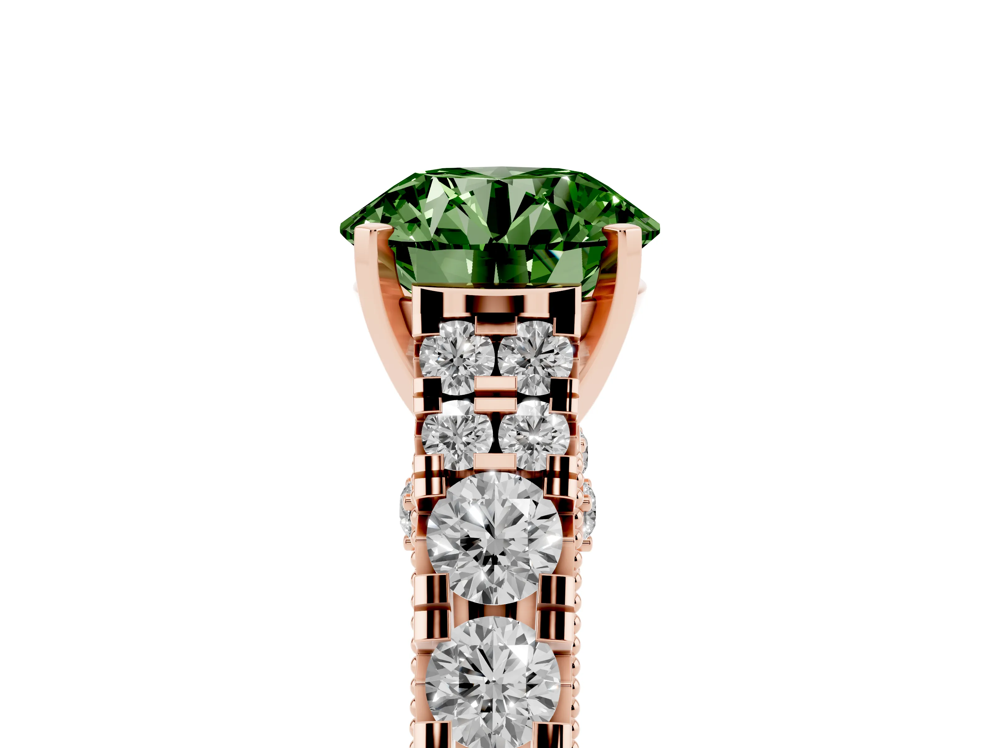 Fancy Green Round Cut Diamond Classic Solitaire Ring Set in Rose gold with Pavé Band and Prong Setting