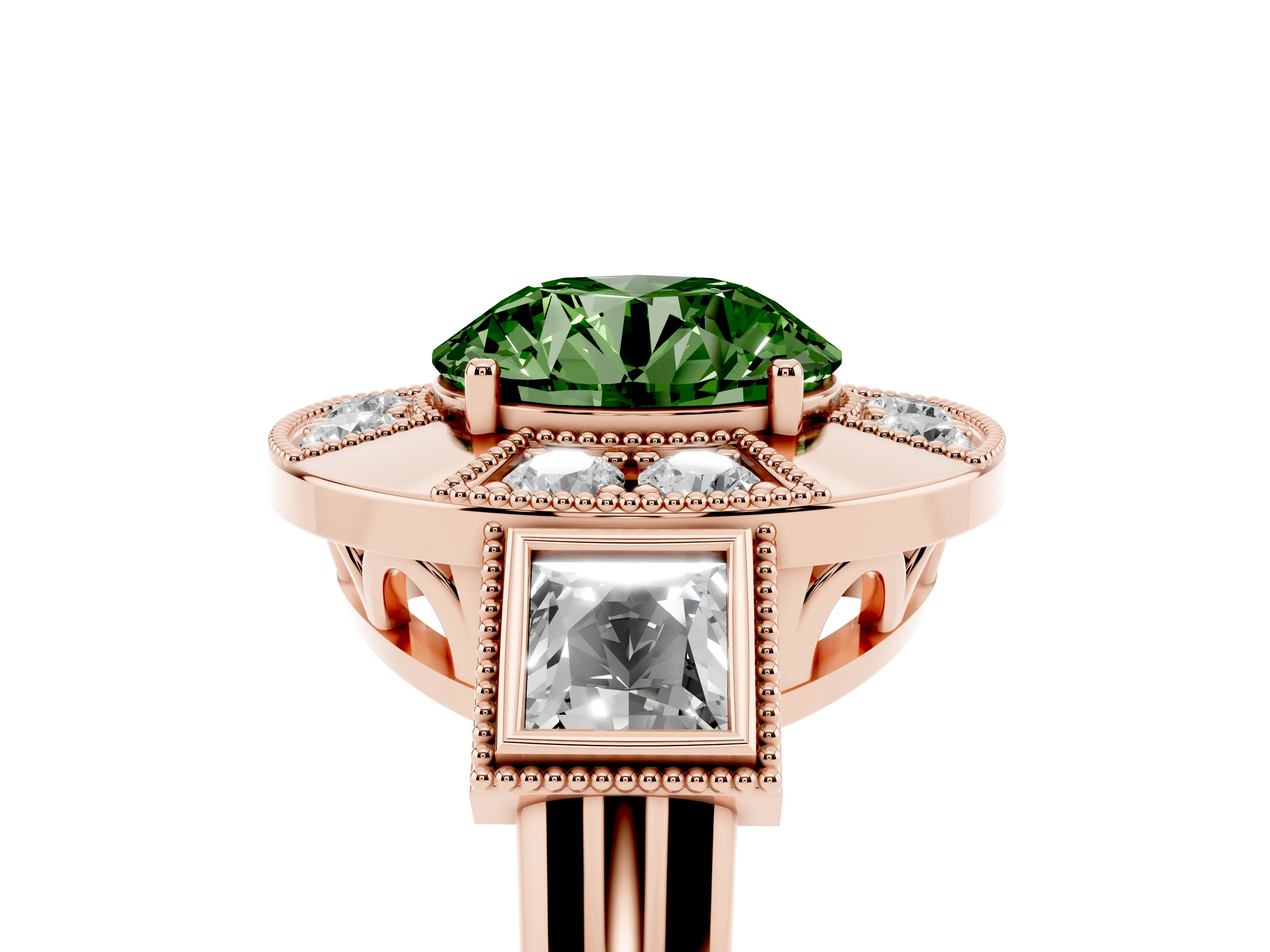 Fancy Green Round Cut Diamond Milgrain Halo Ring Set in Rose gold with Split Shank