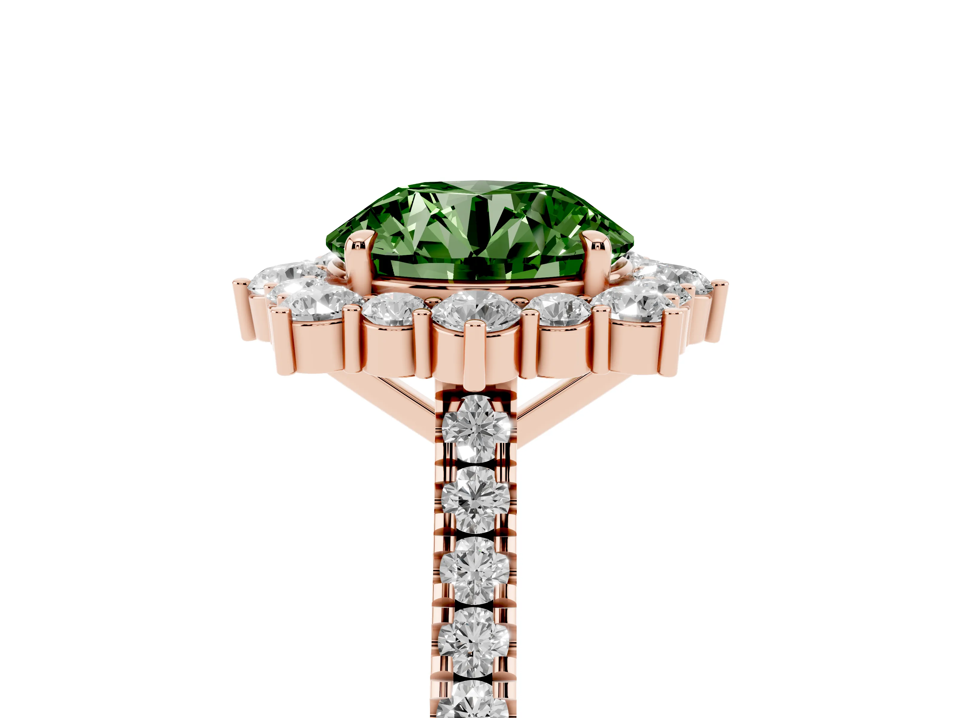 Fancy Green Round Cut Diamond Halo Ring Set in Rose gold with Pavé Band and Prong Setting