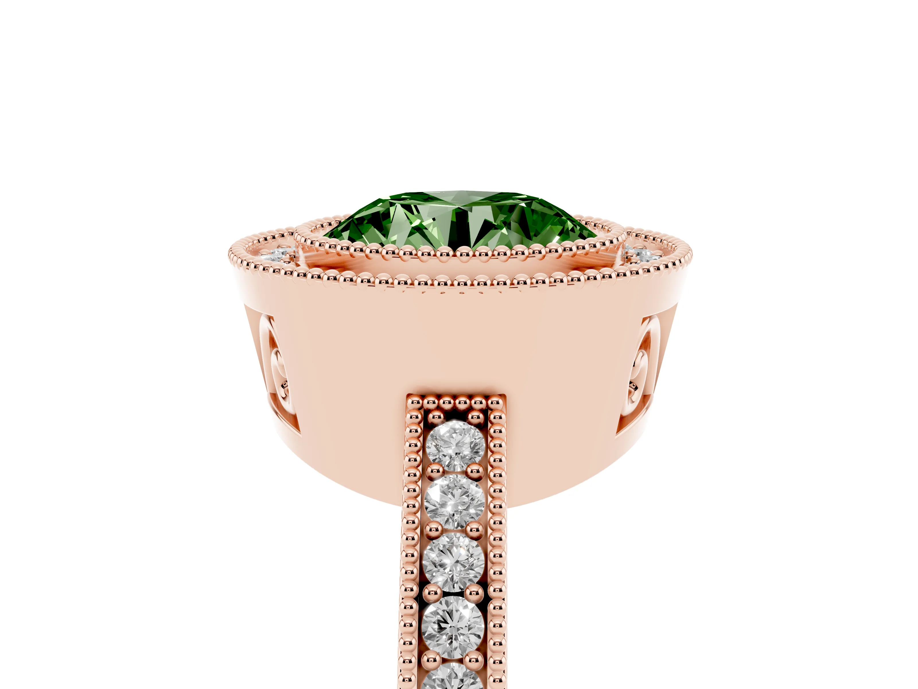 Fancy Green Round Cut Diamond Round Halo Ring Set in Rose gold with Pavé Band