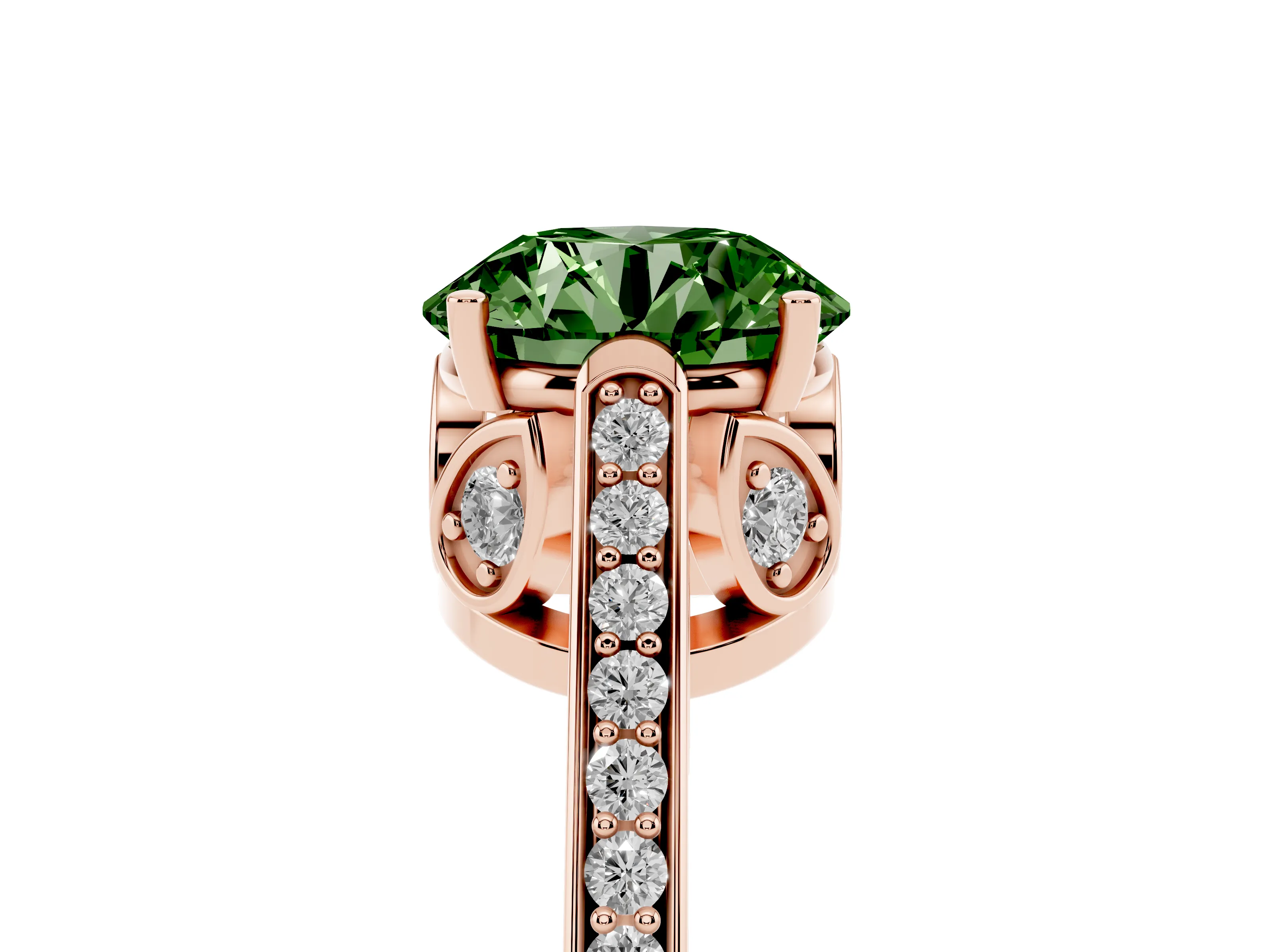 Fancy Green Round Cut Diamond Cathedral Pavé Engagement Ring Set in Rose gold with Prong Setting