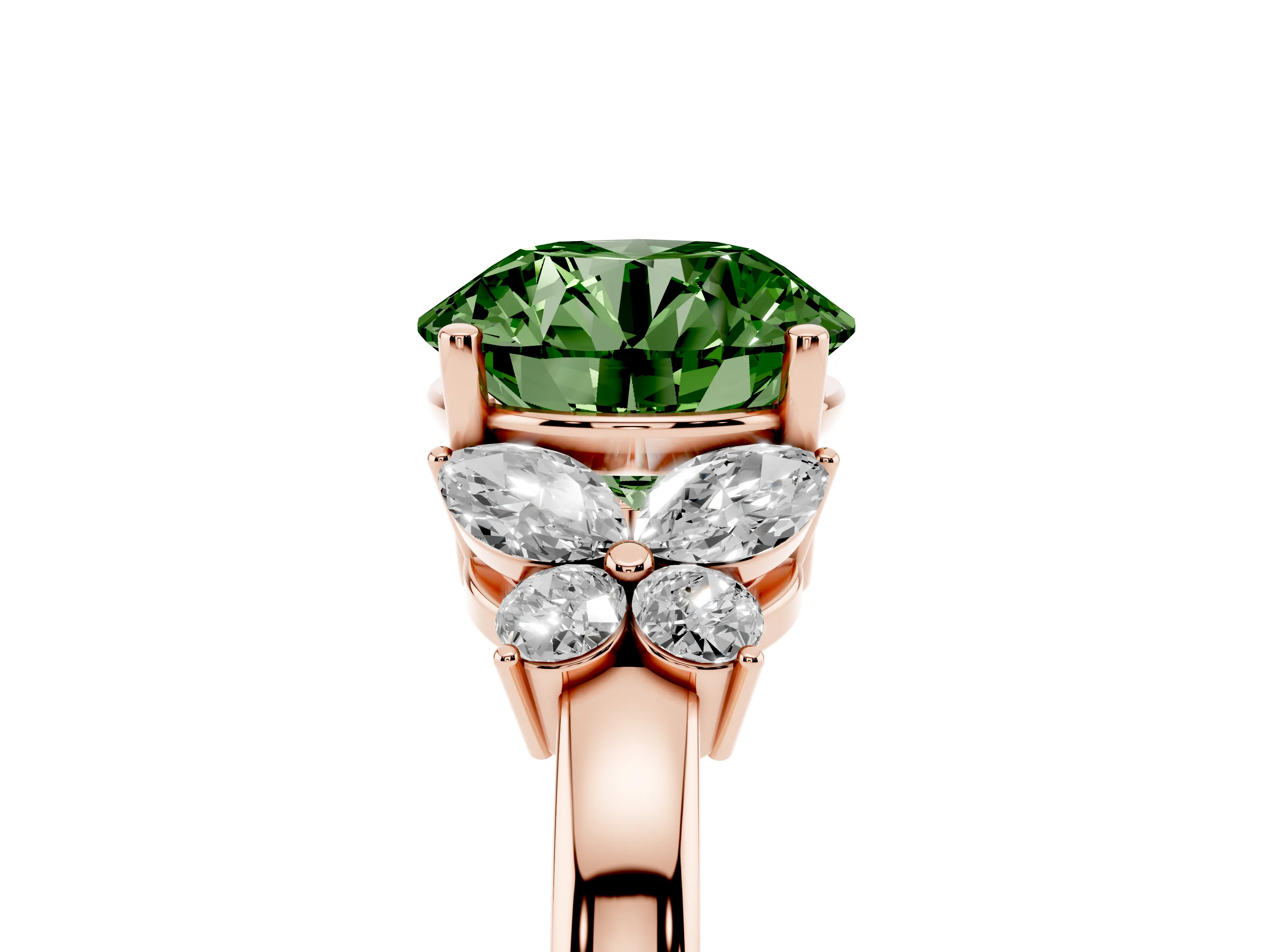 Fancy Green Round Cut Diamond Solitaire Floral Ring Set in Rose gold with Marquise Petals and Prong Setting