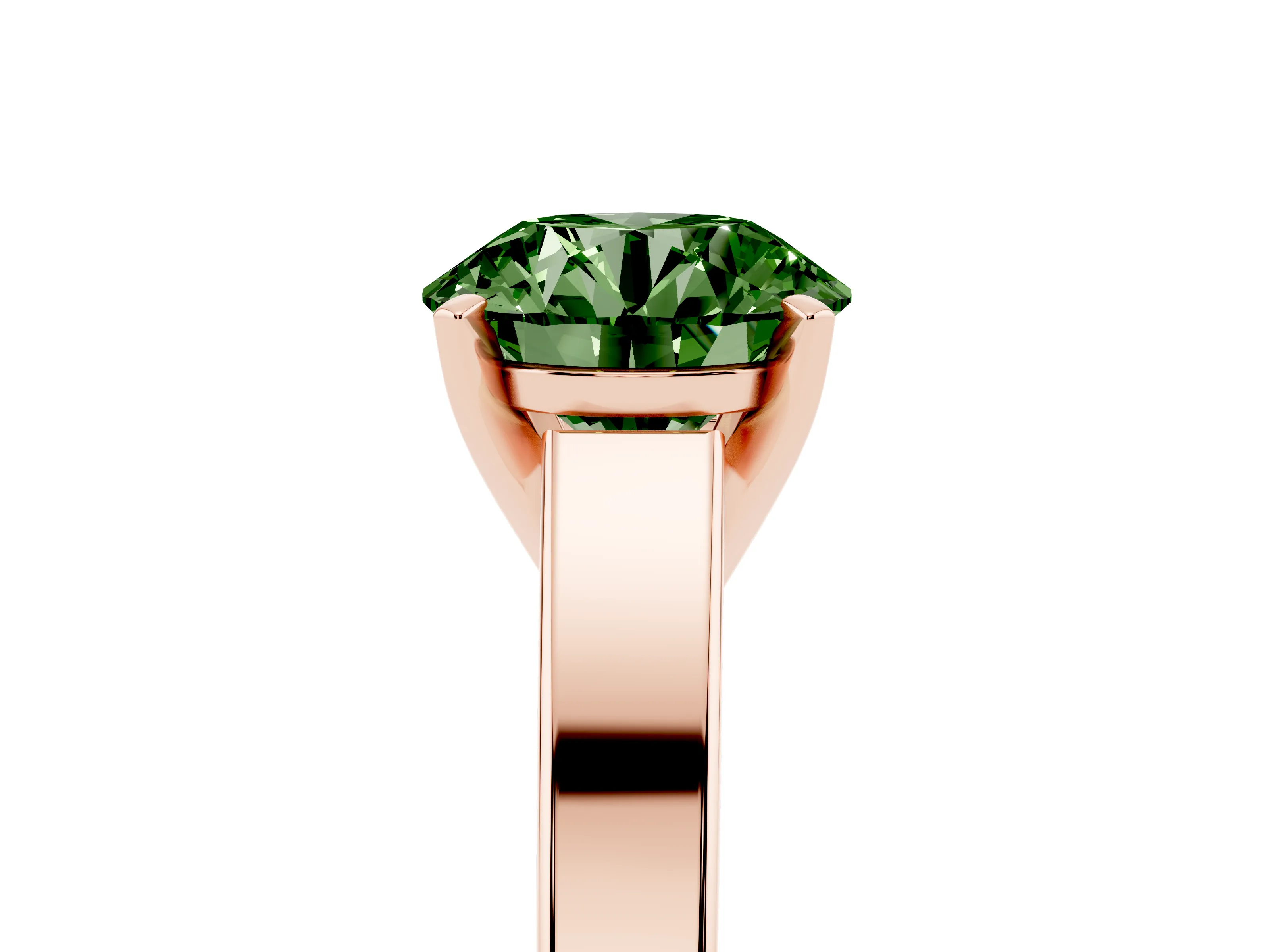 Fancy Green Round Cut Diamond Solitaire Engagement Ring Set in Rose gold with Prong Setting and Tapered Band