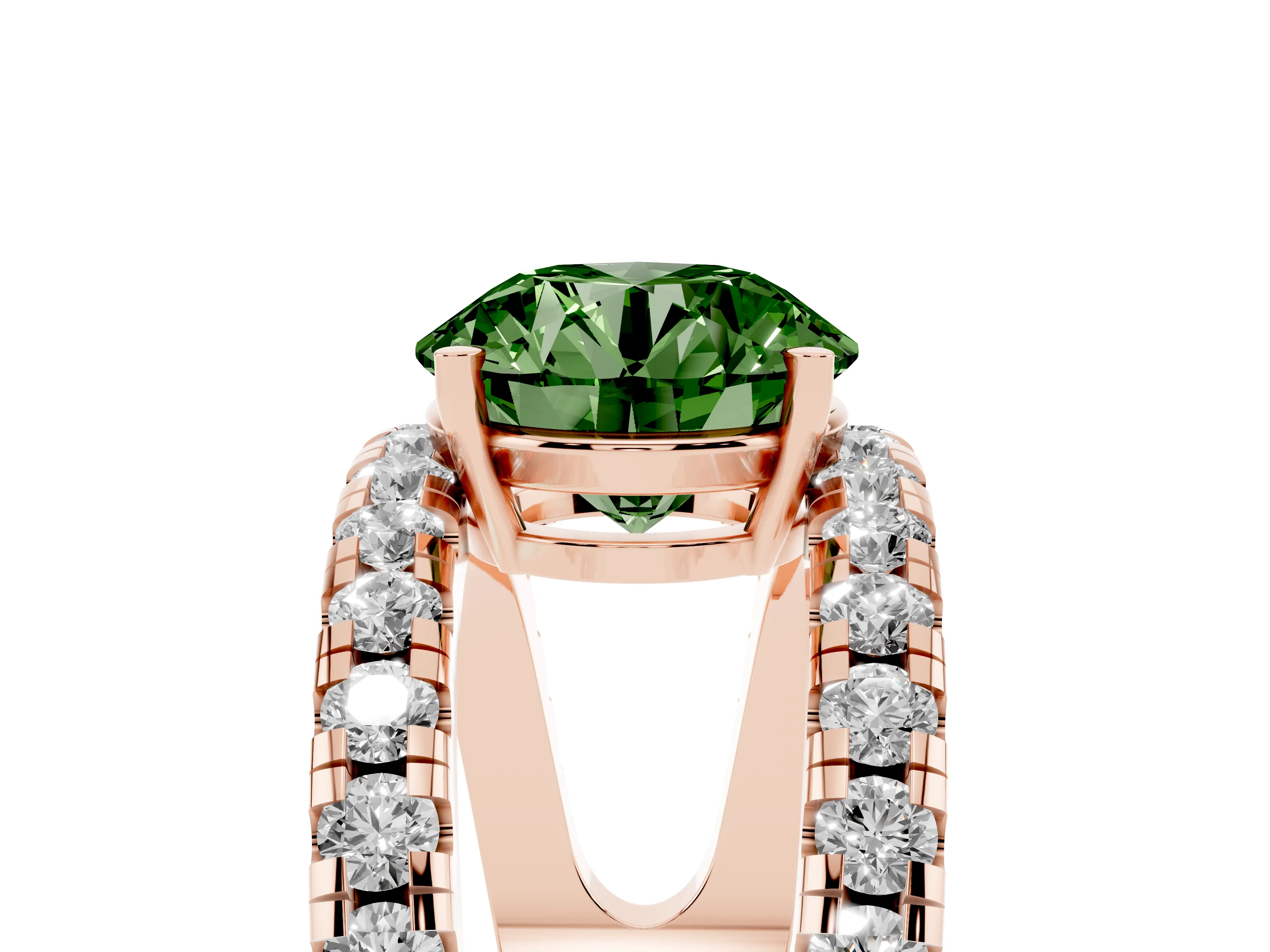Fancy Green Round Cut Diamond Split Shank Pavé Solitaire Ring Set in Rose gold with Open Shank Design