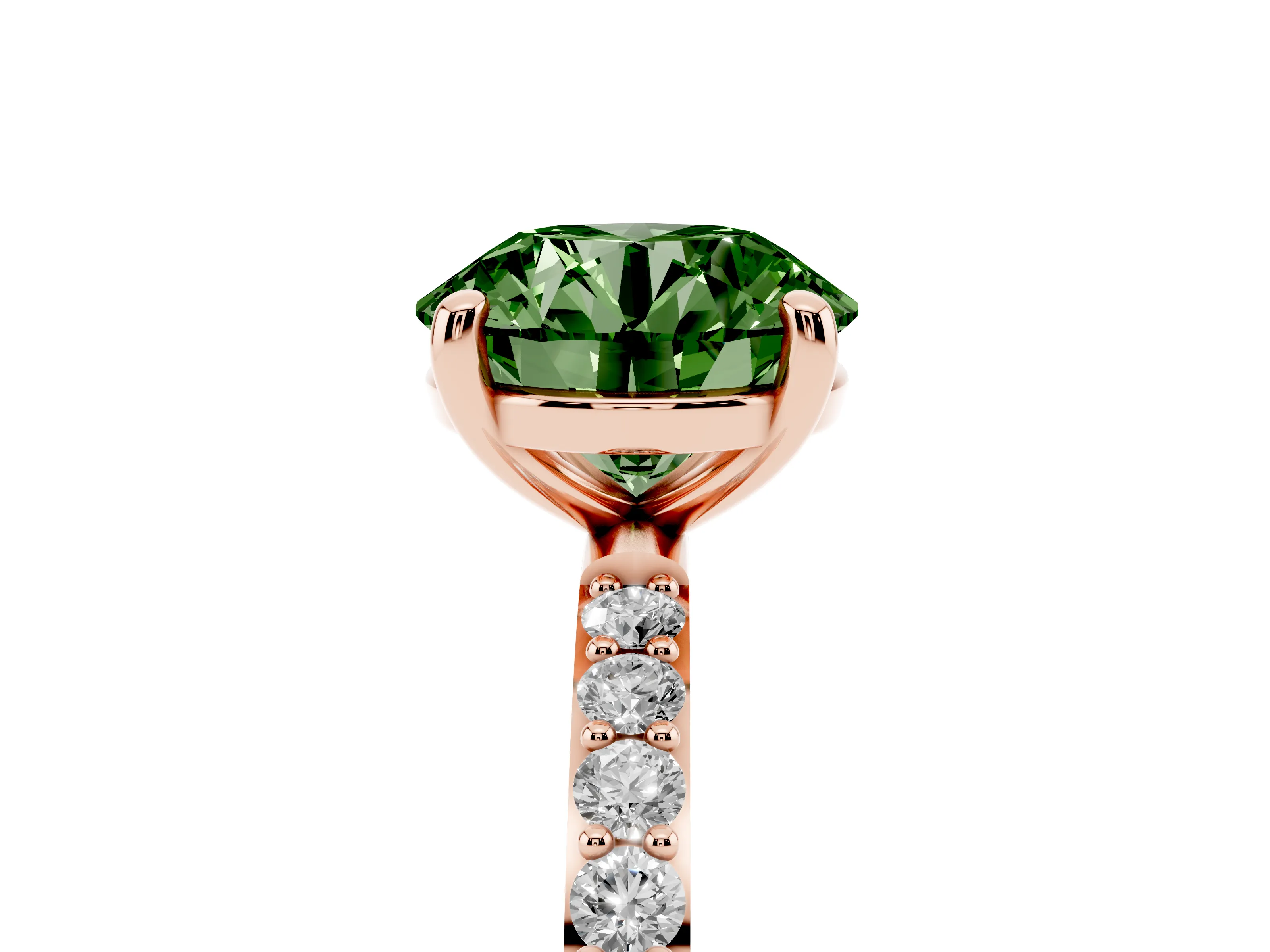 Fancy Green Round Cut Diamond Solitaire Ring Set in Rose gold with Round Pavé Band and Prong Setting