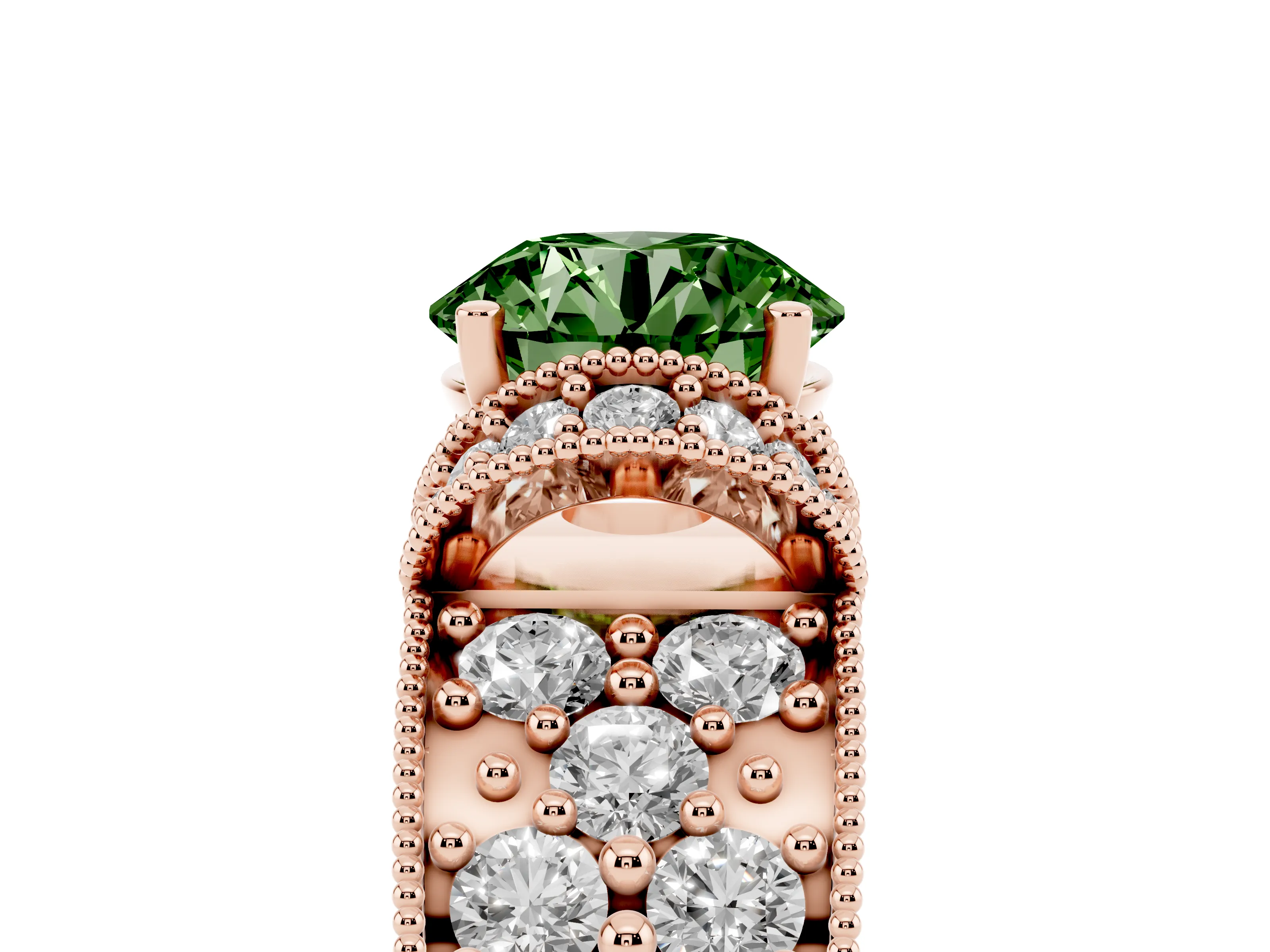 Fancy Green Round Cut Diamond Milgrain Halo Pavé Engagement Ring Set in Rose gold with Prong Setting