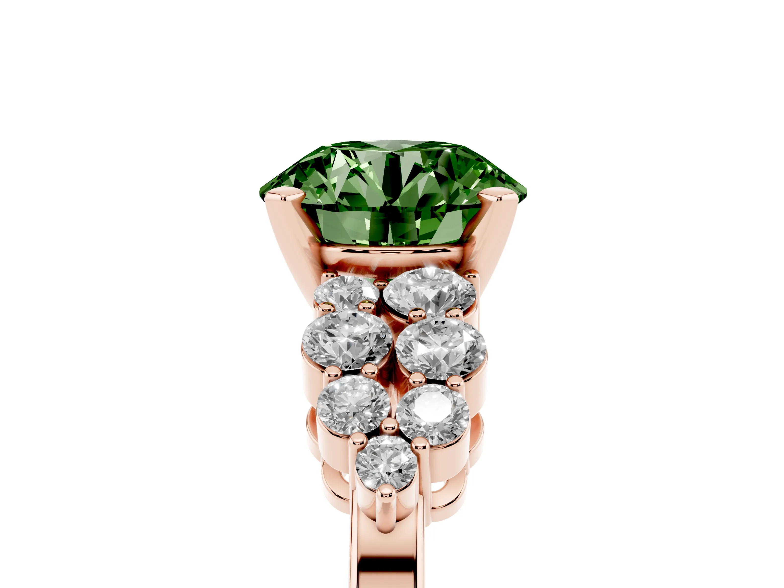 Fancy Green Round Cut Diamond Cluster Engagement Ring Set in Rose gold with Pavé Band and Prong Setting