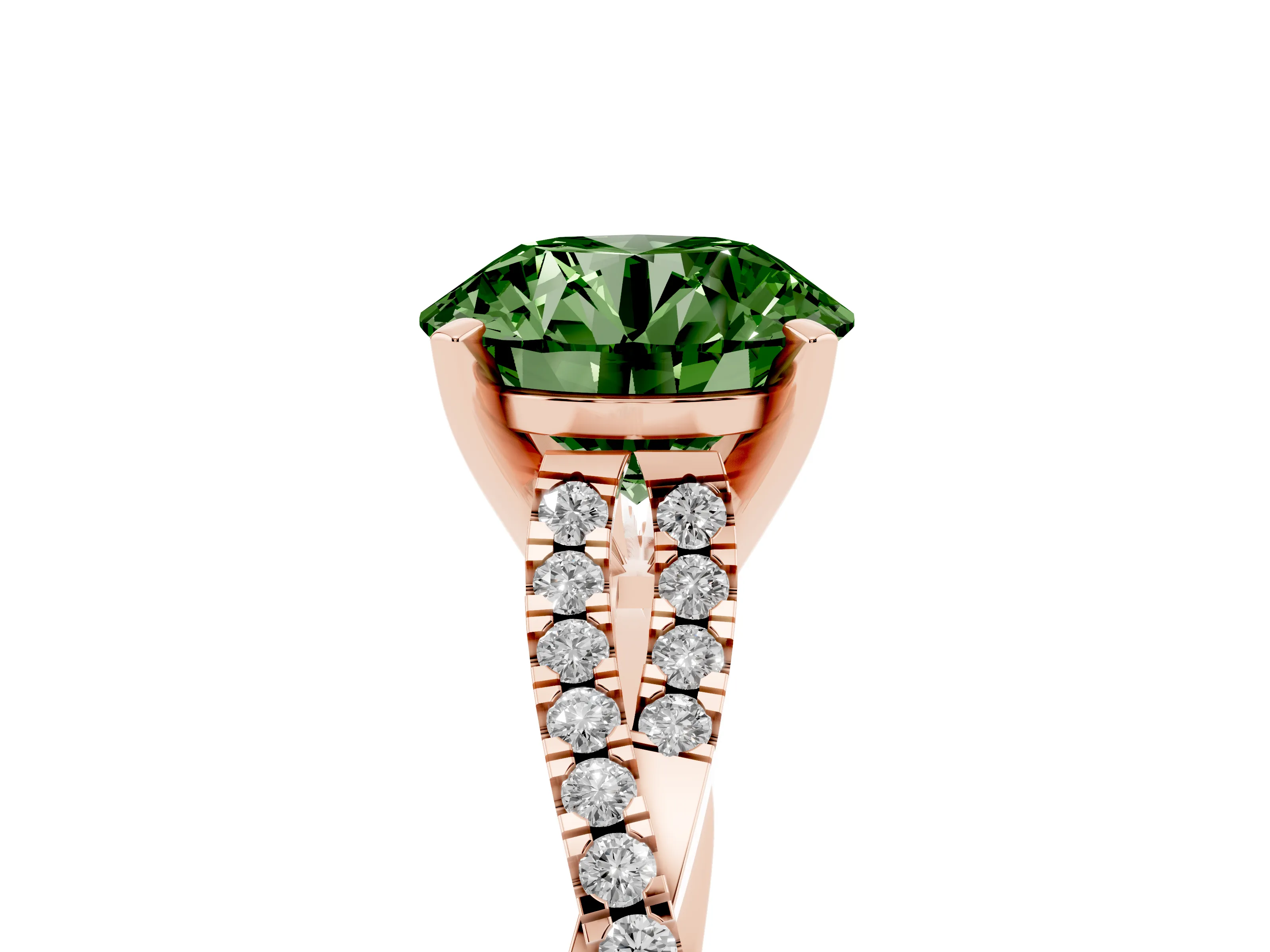Fancy Green Round Cut Diamond Solitaire Engagement Ring Set in Rose gold with Twisted Pavé Band and Prong Setting