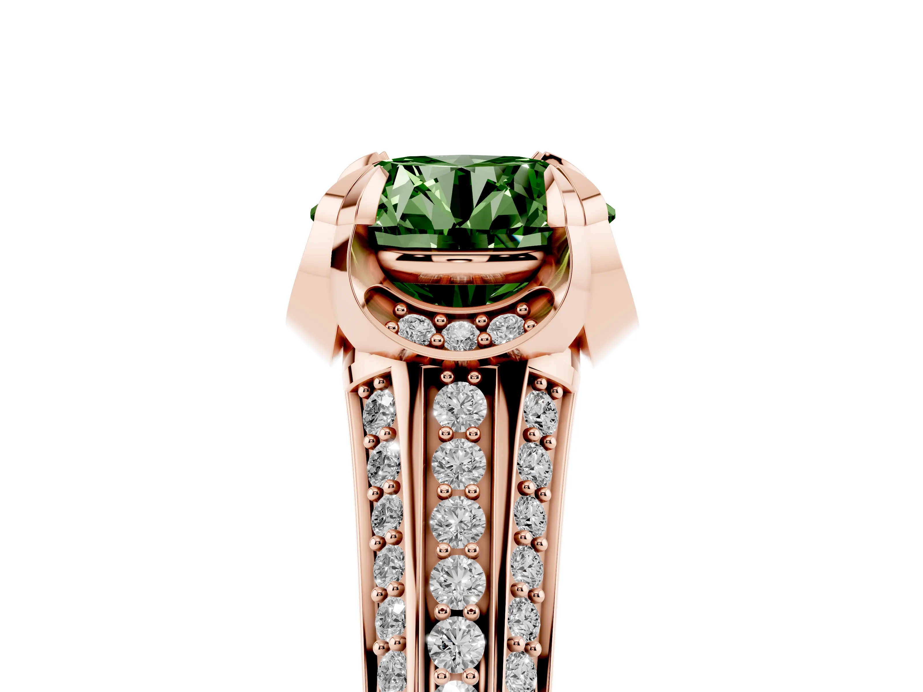 Fancy Green Round Cut Diamond Pavé Split Shank Solitaire Ring Set in Rose gold with Prong Setting