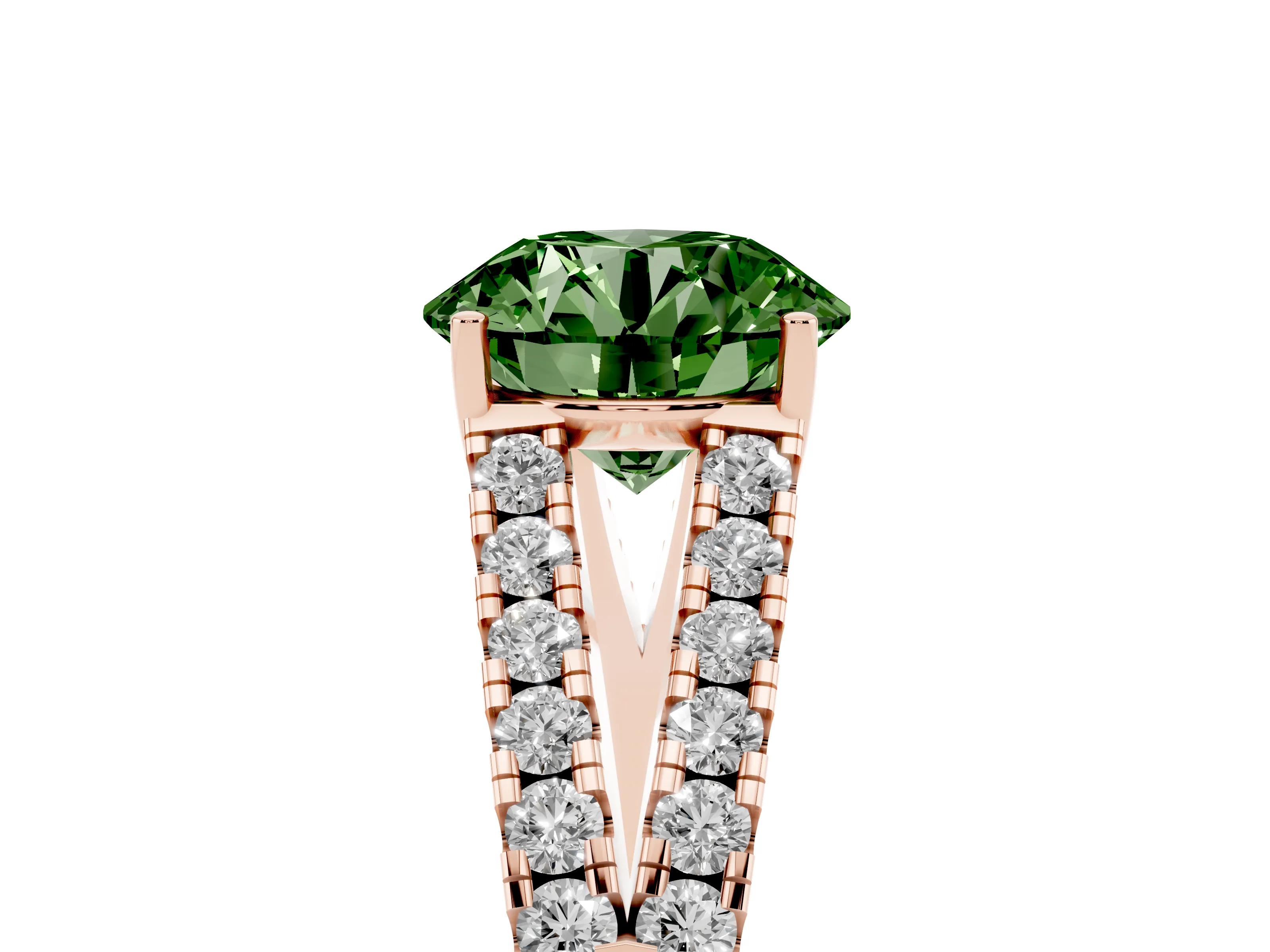 Fancy Green Round Cut Diamond Split Shank Pavé Engagement Ring Set in Rose gold with Prong-Held Center Stone
