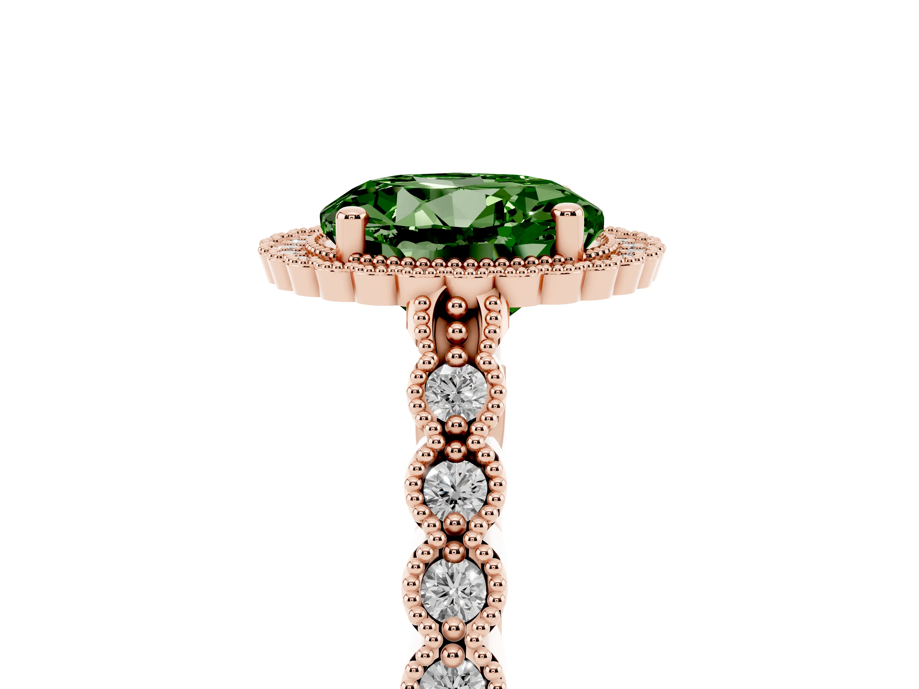 Fancy Green Round Cut Diamond Halo Ring Set in Rose gold with Pavé Milgrain Band