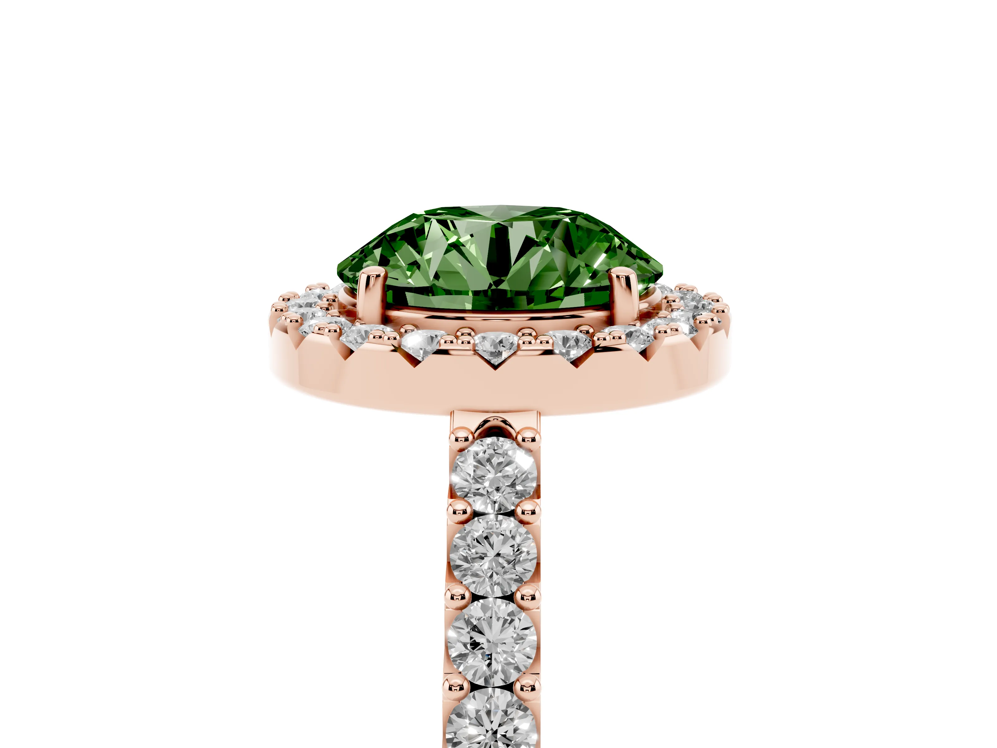 Fancy Green Round Cut Diamond Halo Pavé Solitaire Ring Set in Rose gold with Prong-Set Center Stone