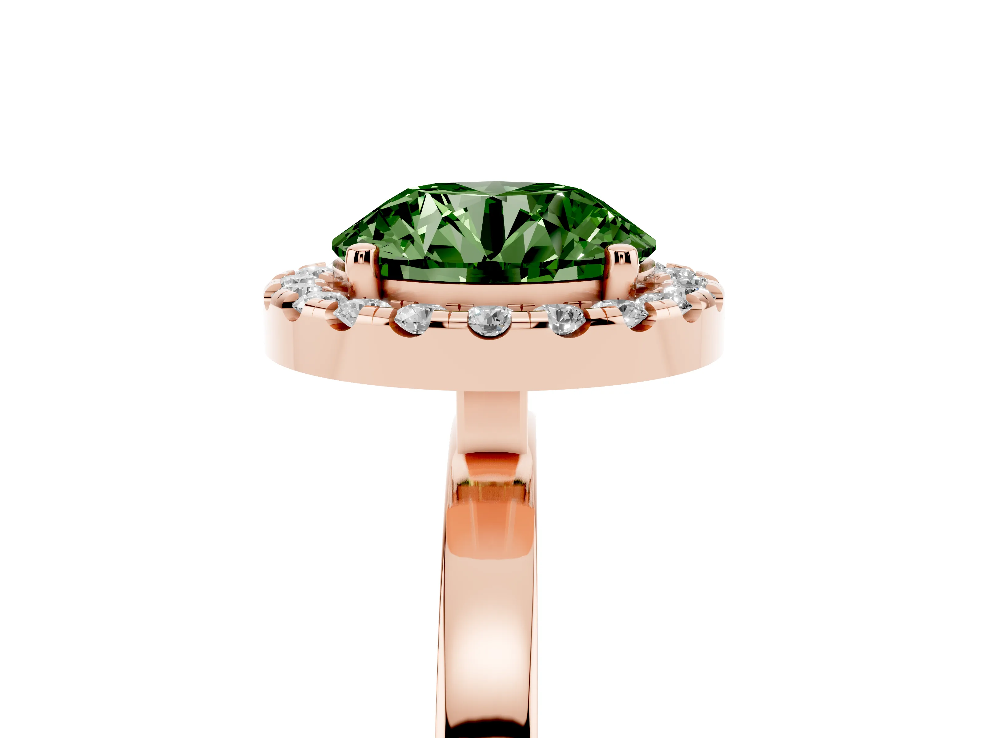 Fancy Green Round Cut Diamond Halo Solitaire Ring Set in Rose gold with Pavé Band and Prong Setting