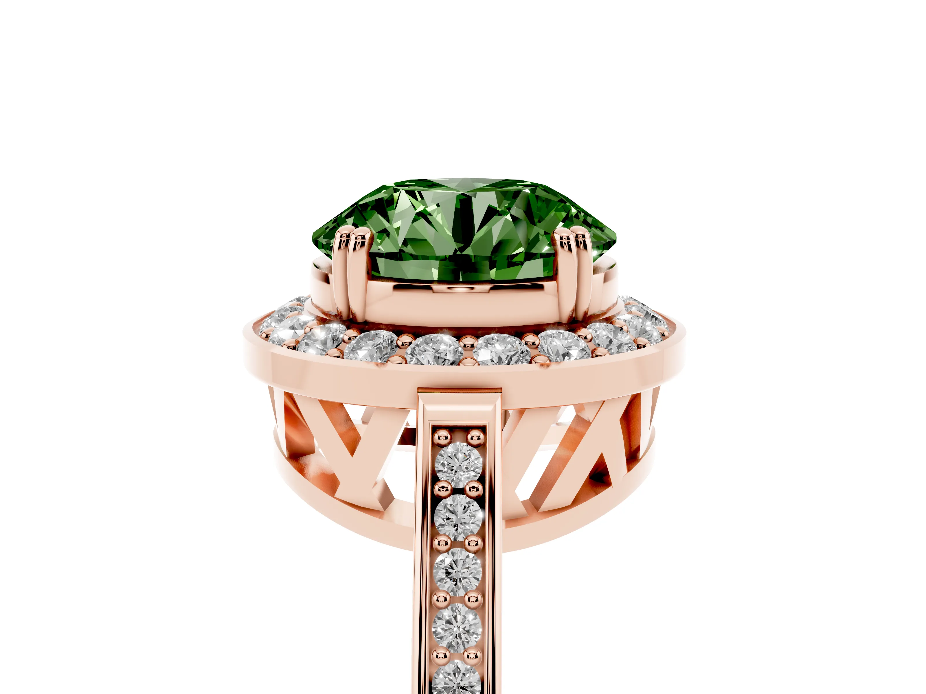 Fancy Green Round Cut Diamond Halo Ring Set in Rose gold with Accent-Lined Split Shank and Prong Setting