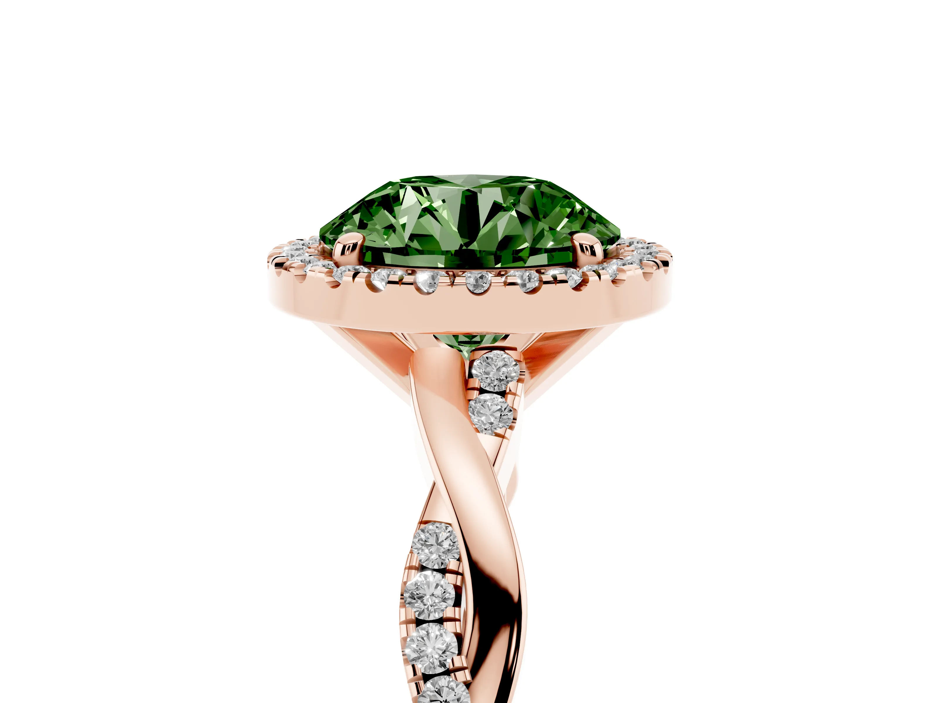 Fancy Green Round Cut Diamond Halo Twisted Band Ring Set in Rose gold with Prong Setting