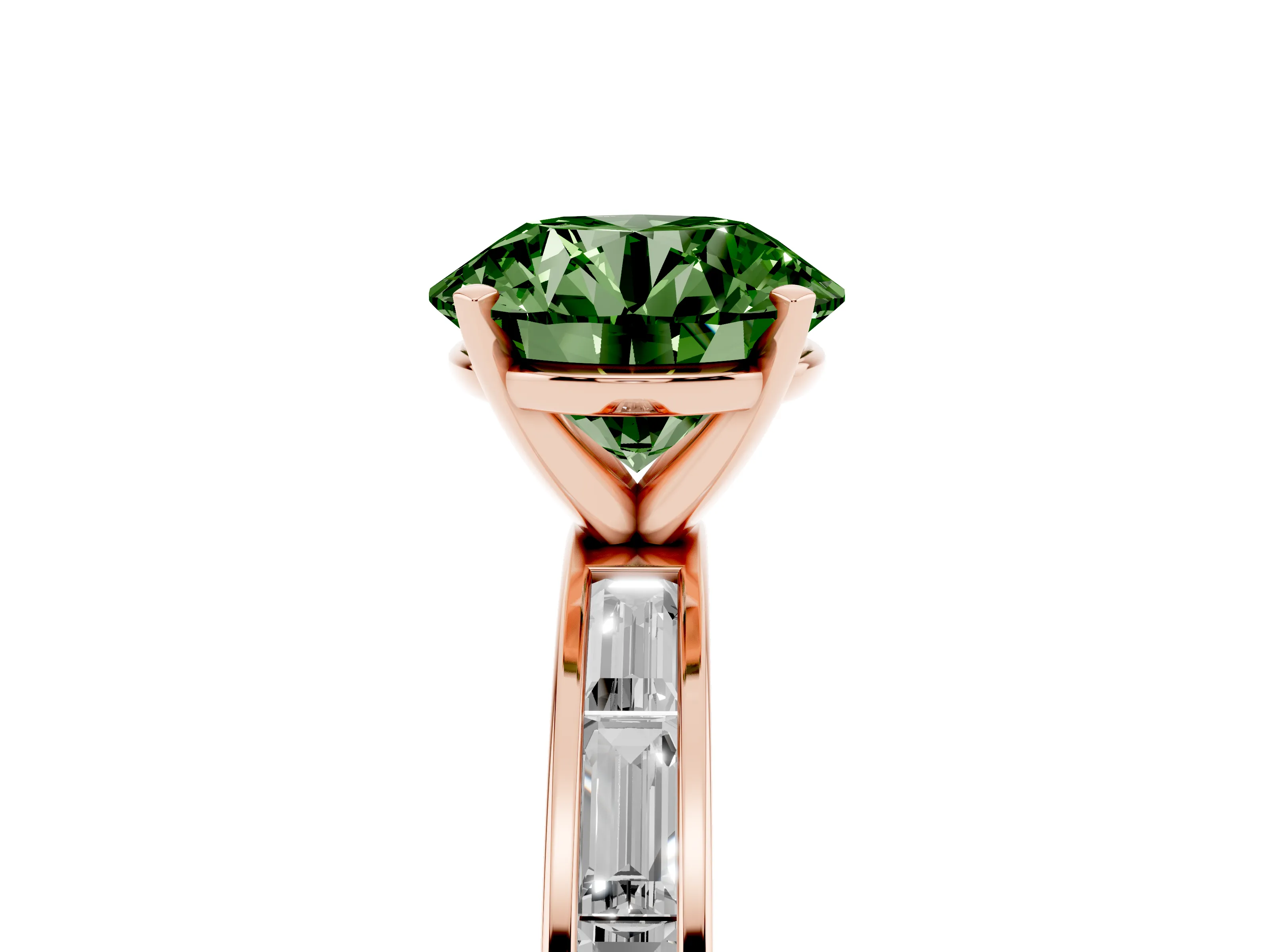 Fancy Green Round Cut Diamond Solitaire Ring Set in Rose gold with Channel-Set Baguette Band and Prong Setting
