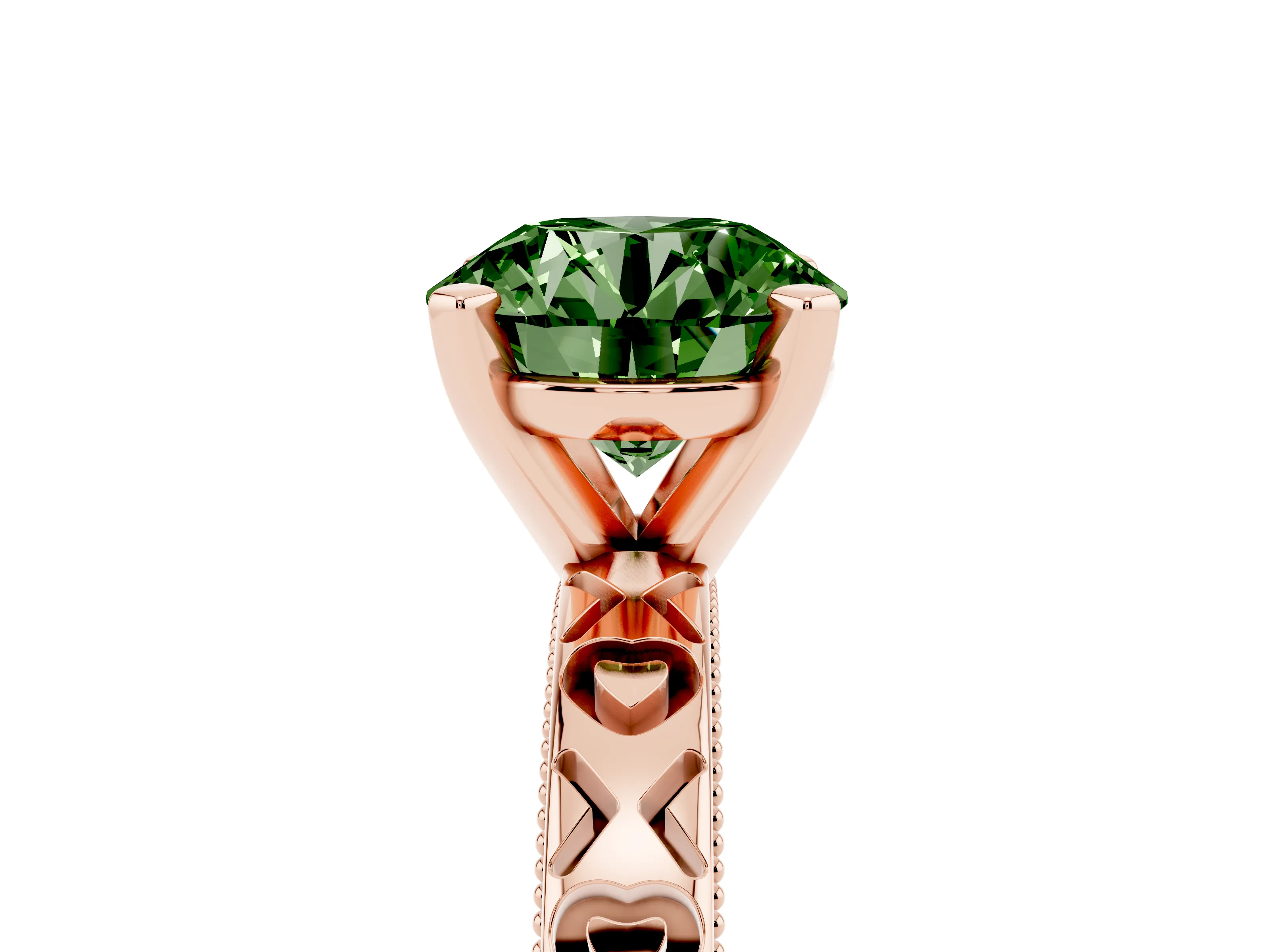 Fancy Green Round Cut Diamond Solitaire Engagement Ring Set in Rose gold with XO Engraved Band and Prong Setting