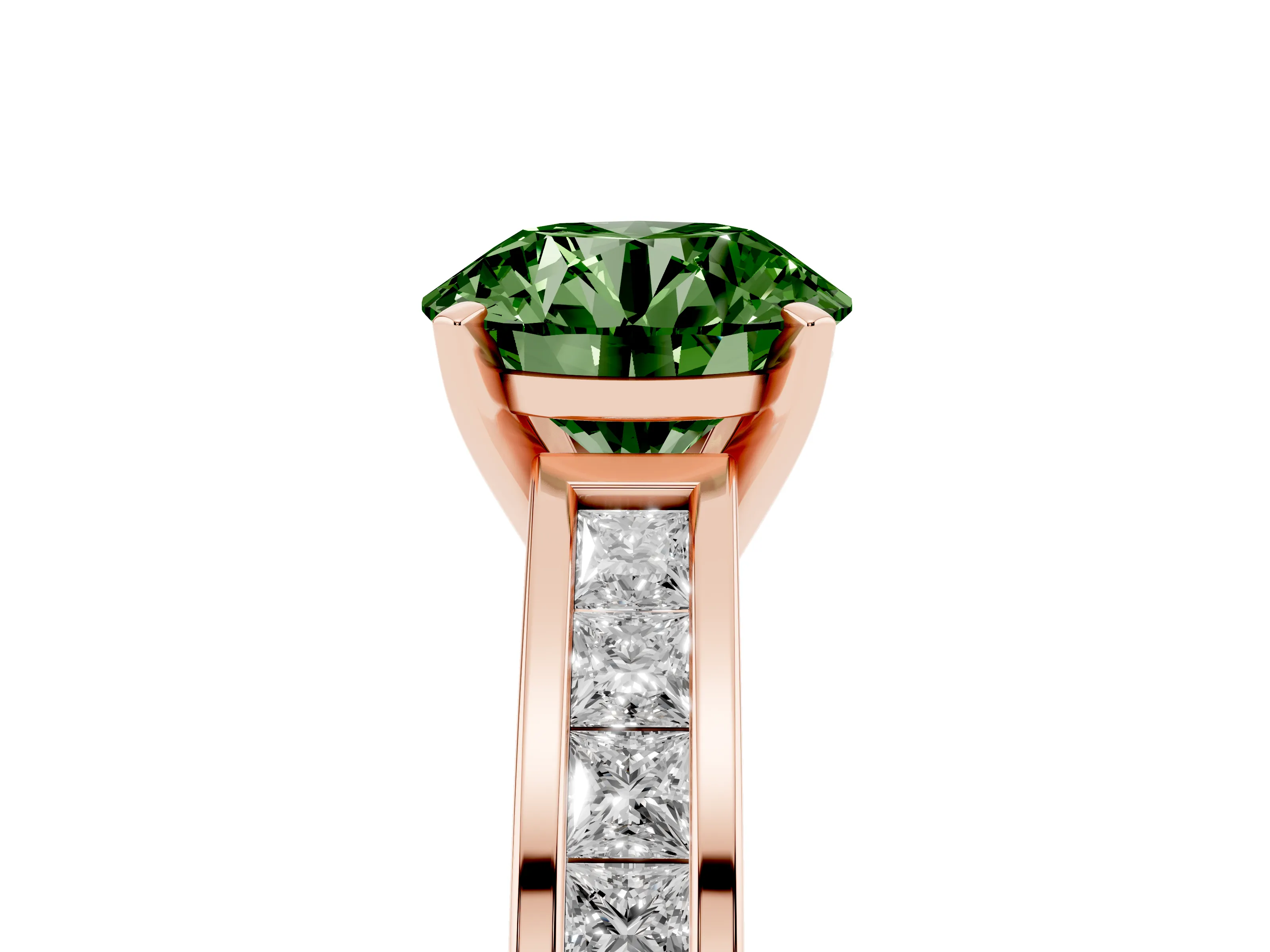 Fancy Green Round Cut Diamond Solitaire Ring Set in Rose gold with Channel-Set Band and Prong Setting