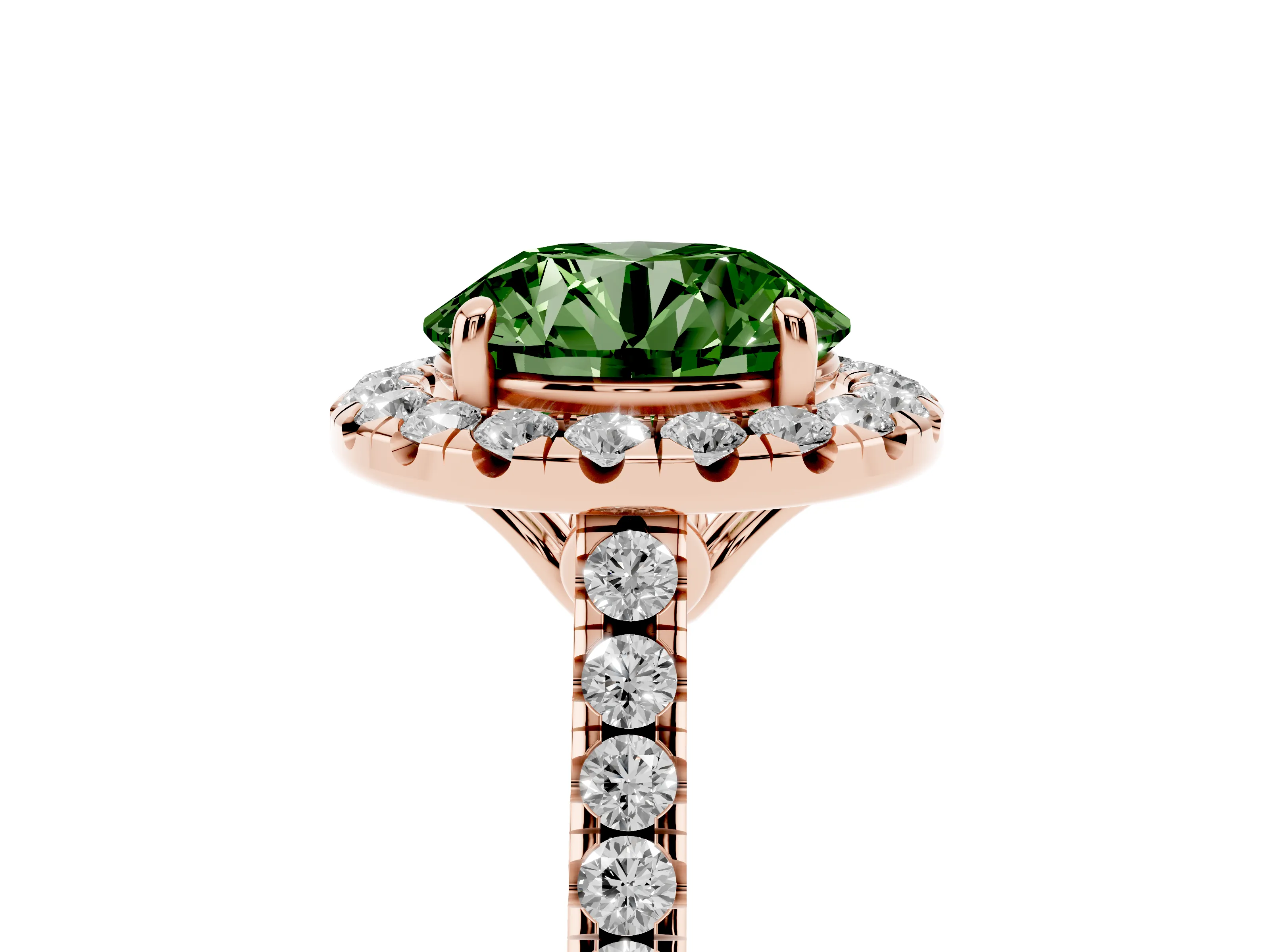 Fancy Green Round Cut Diamond Pavé Halo Engagement Ring Set in Rose gold with Pavé Band and Prong Setting