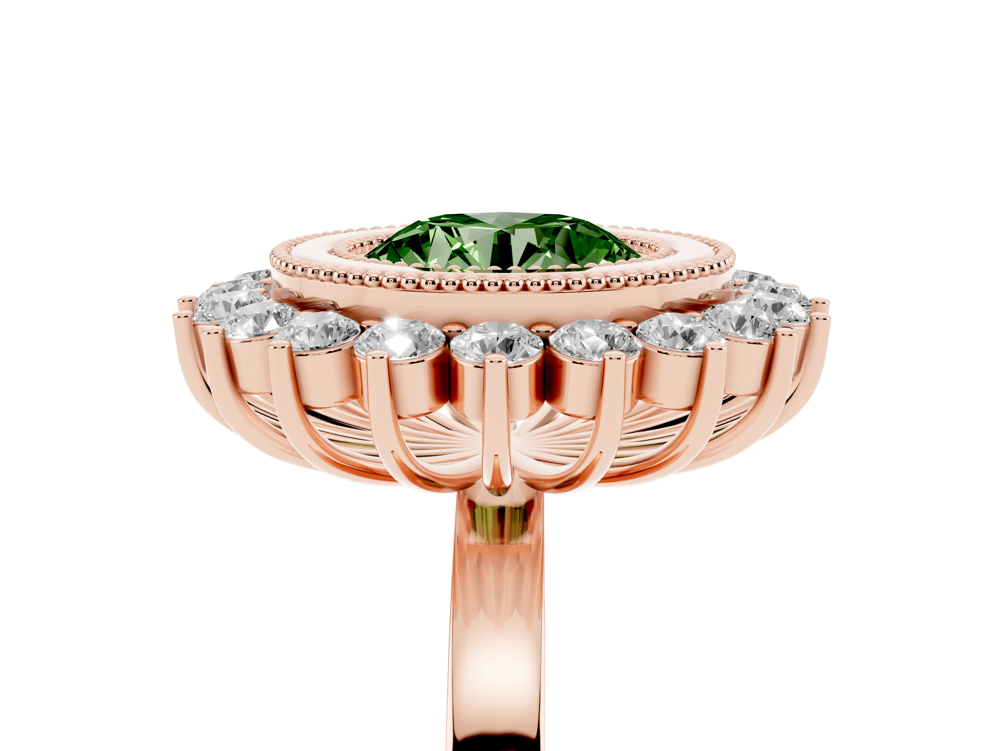 Fancy Green Round Cut Diamond Halo Ring Set in Rose gold with Milgrain Edge and Round Prong Setting
