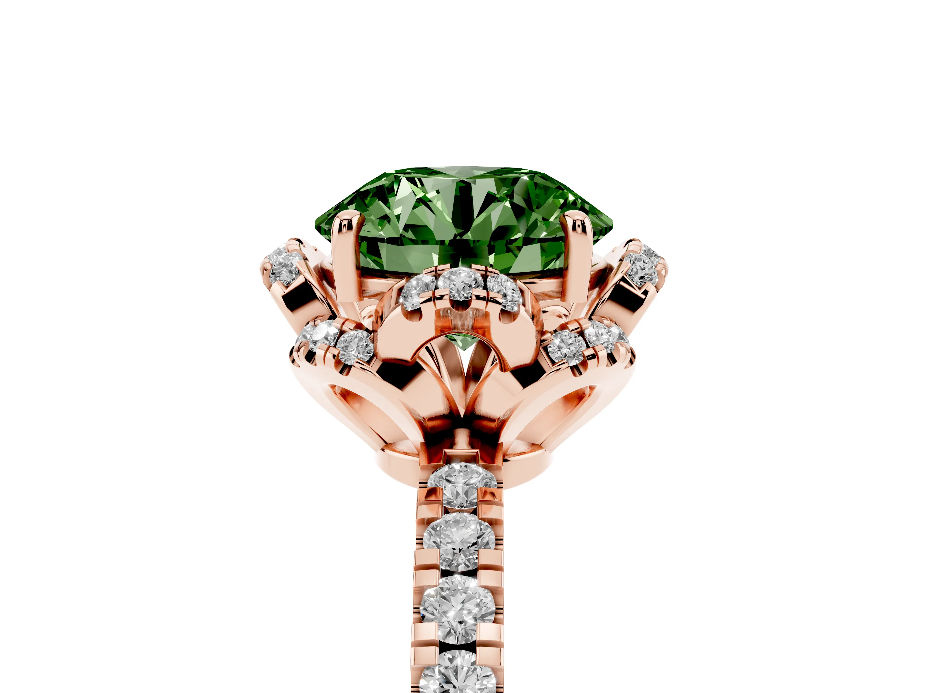 Fancy Green Round Cut Diamond Halo Pavé Band Ring Set in Rose gold with Prong-Held Center