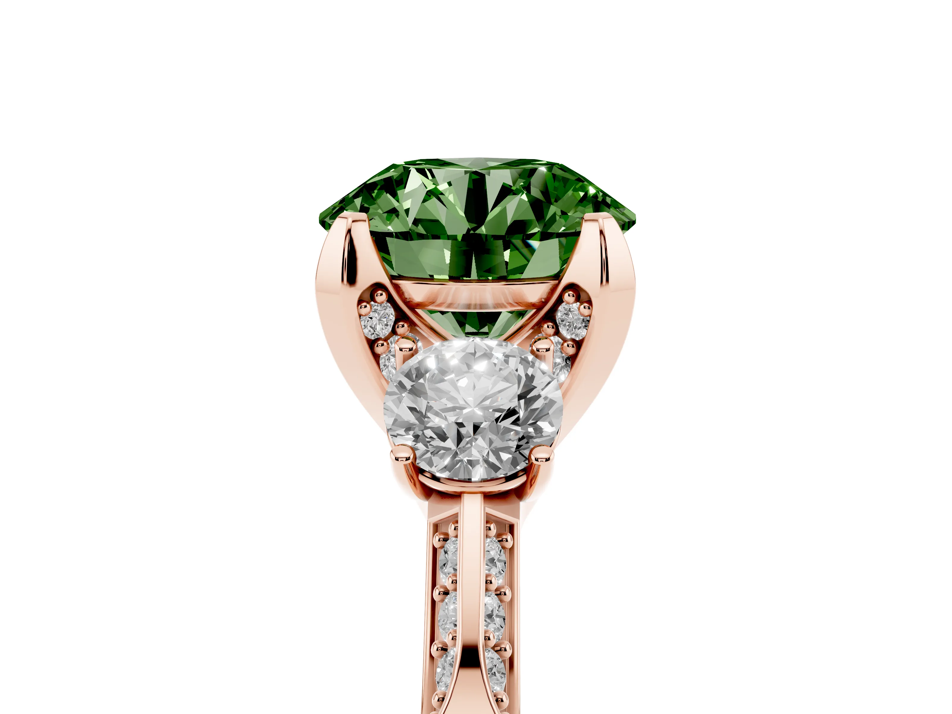 Fancy Green Round Cut Diamond Three-Stone Ring Set in Rose gold with Pavé Band and Smaller Side Stones
