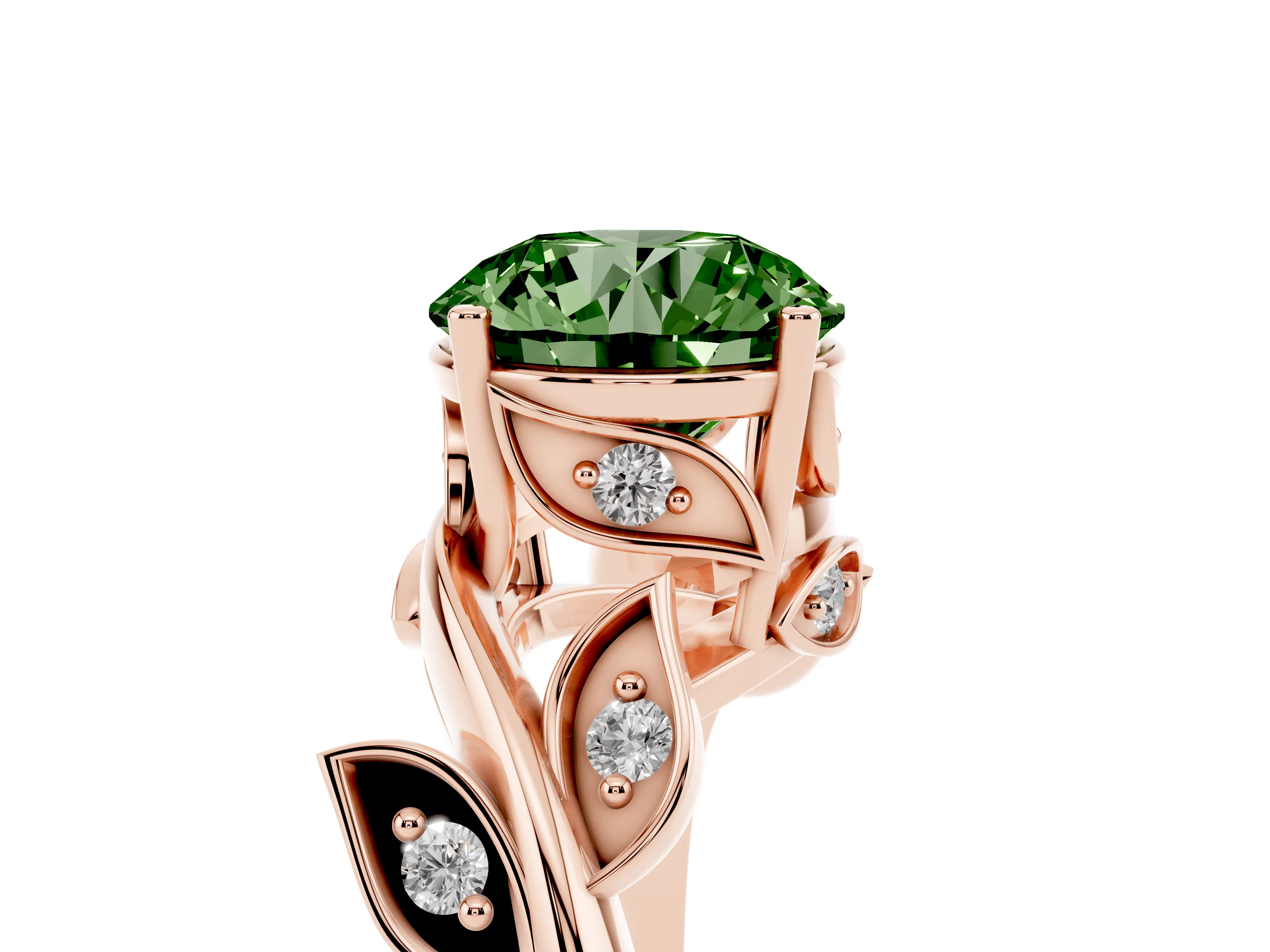 Fancy Green Round Cut Diamond Solitaire Twist Engagement Ring Set in Rose gold with Pavé Leaf Accents