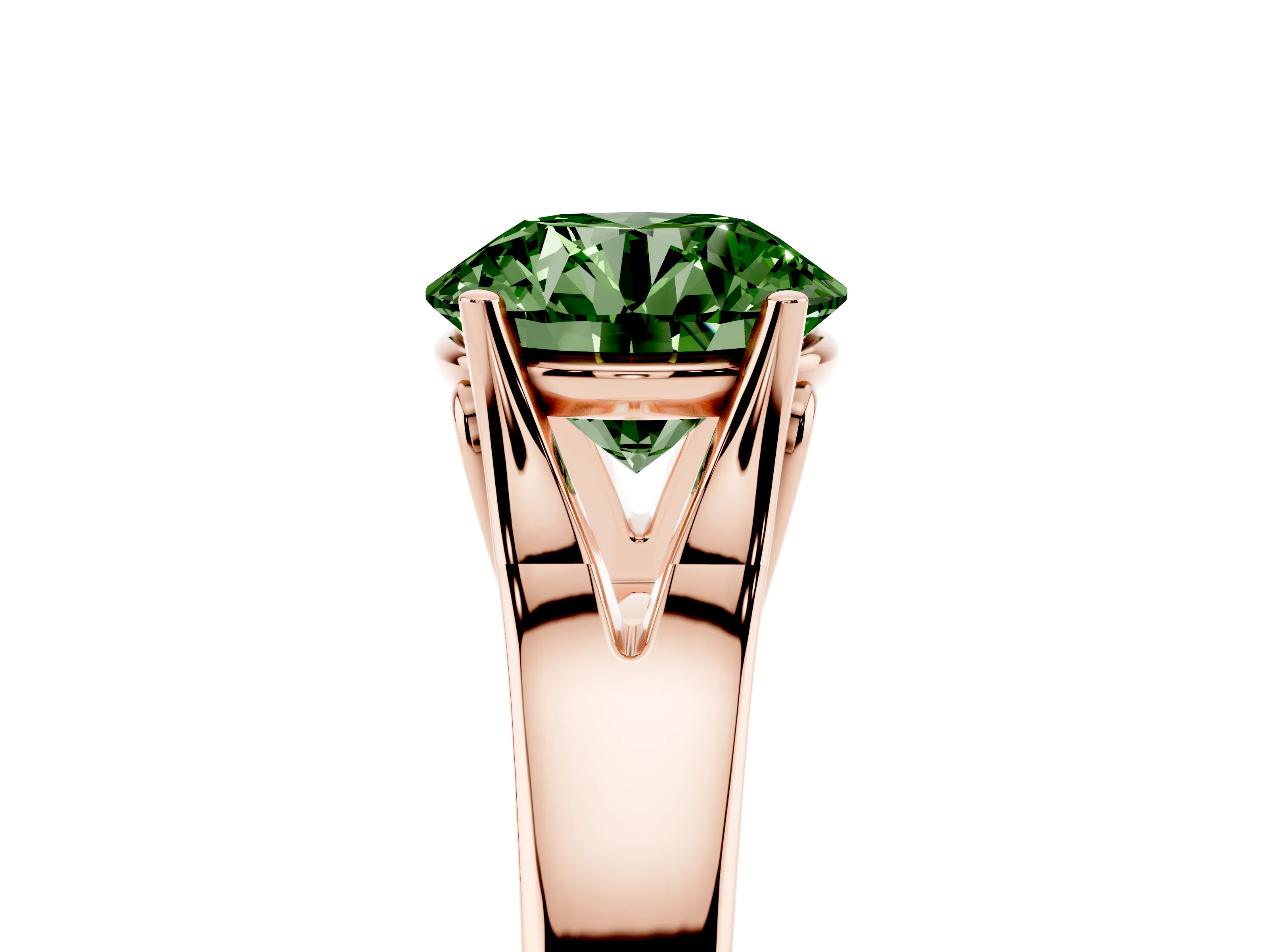 Fancy Green Round Cut Diamond Solitaire Ring Set in Rose gold with Arched Cathedral Band and Prong Setting